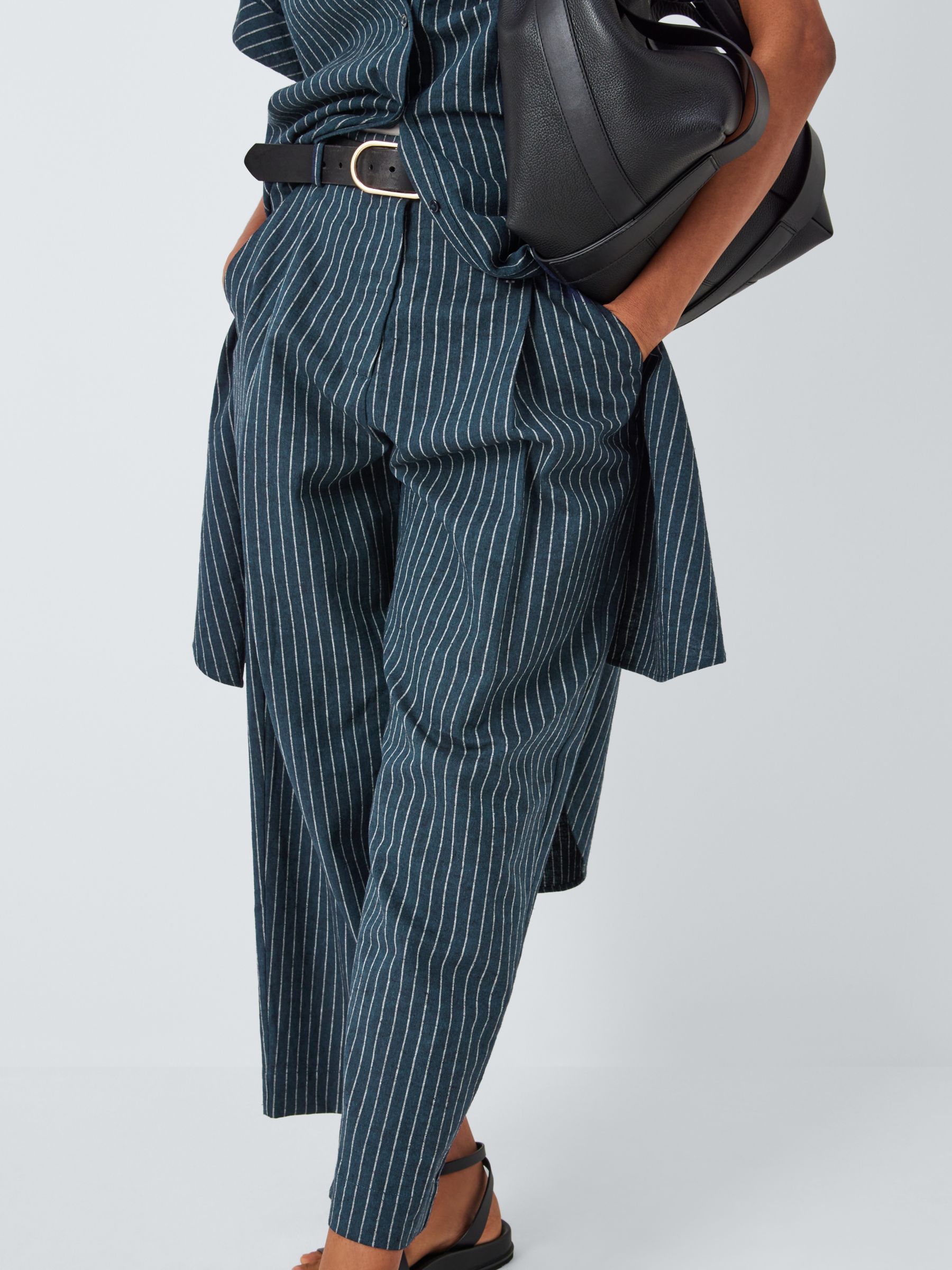 John Lewis Stripe Linen Cropped Trousers, Navy, 8