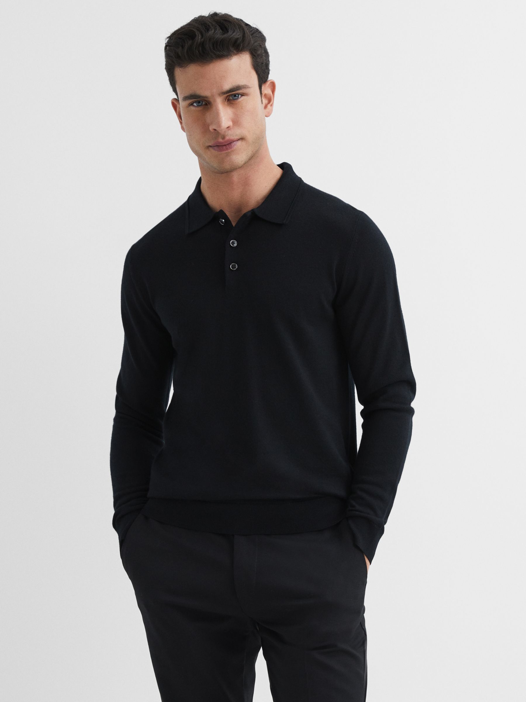 Reiss Trafford Knitted Wool Long Sleeve Polo Top, Black, XS