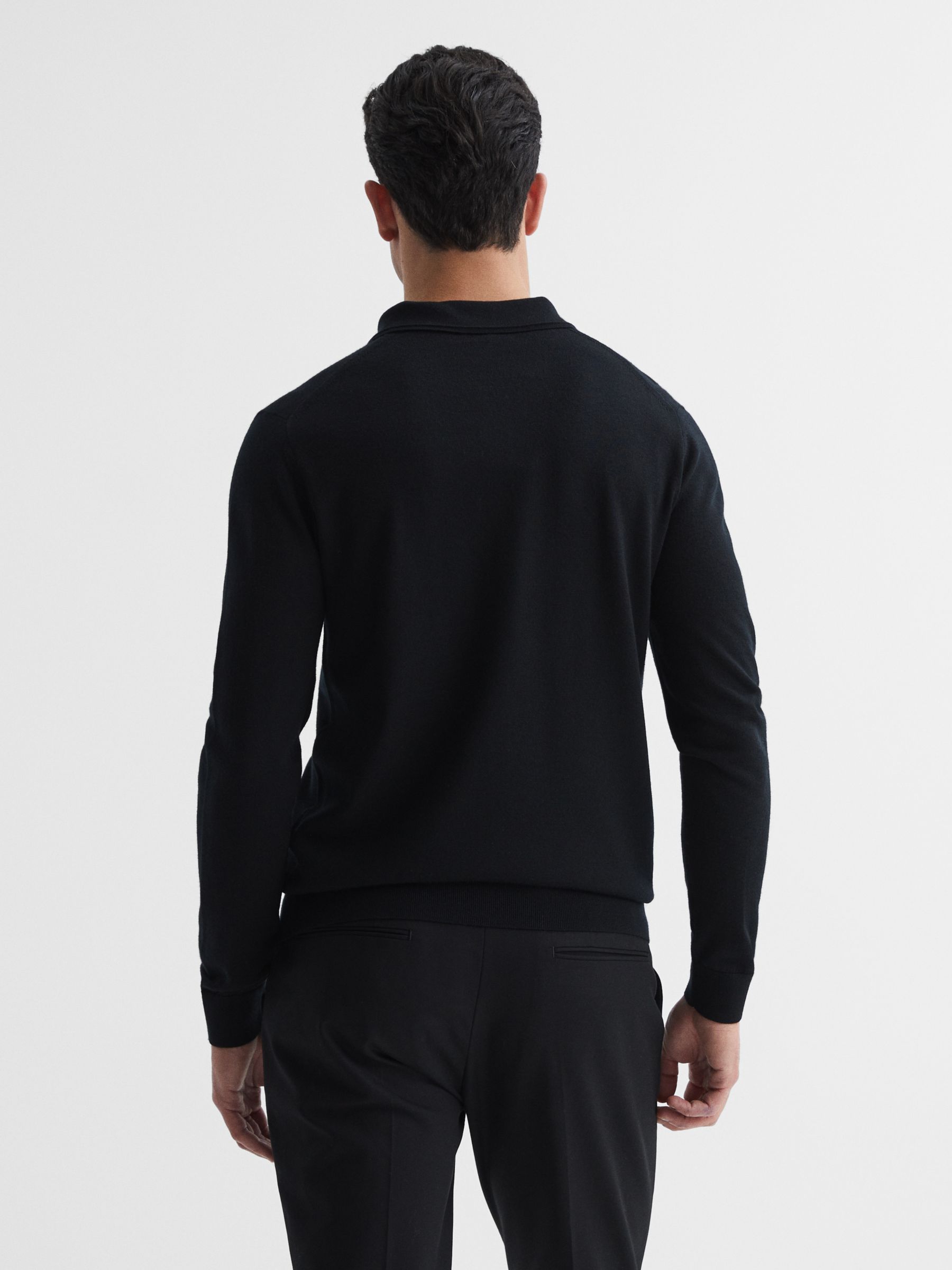 Reiss Trafford Knitted Wool Long Sleeve Polo Top, Black at John Lewis ...