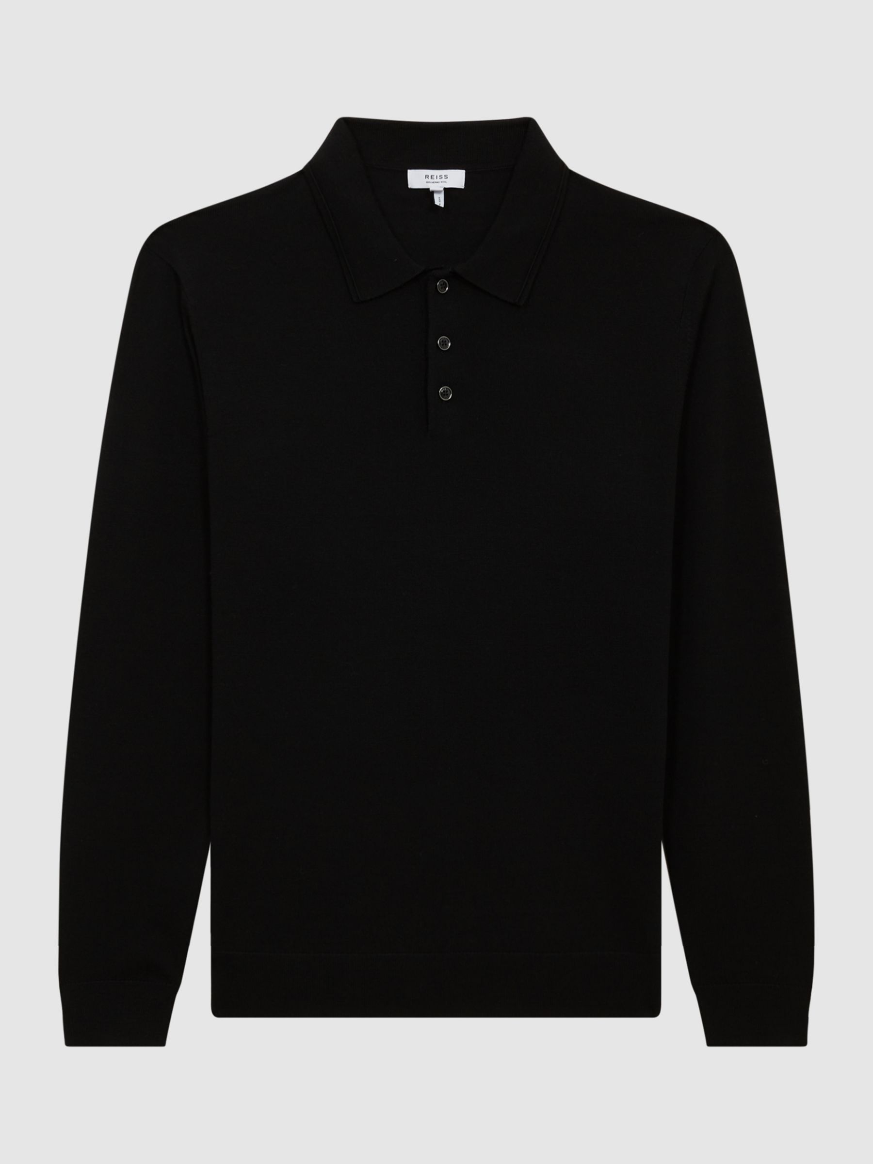 Reiss Trafford Knitted Wool Long Sleeve Polo Top, Black, XS
