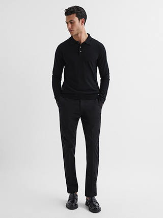 Reiss Trafford Knitted Wool Long Sleeve Polo Top, Black