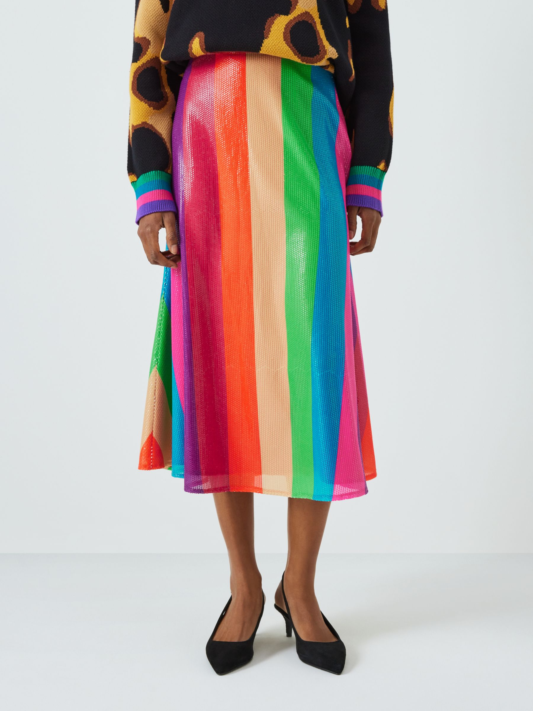 Olivia Rubin Penelope Sequin Rainbow Stripe Midi Skirt, Multi at John ...