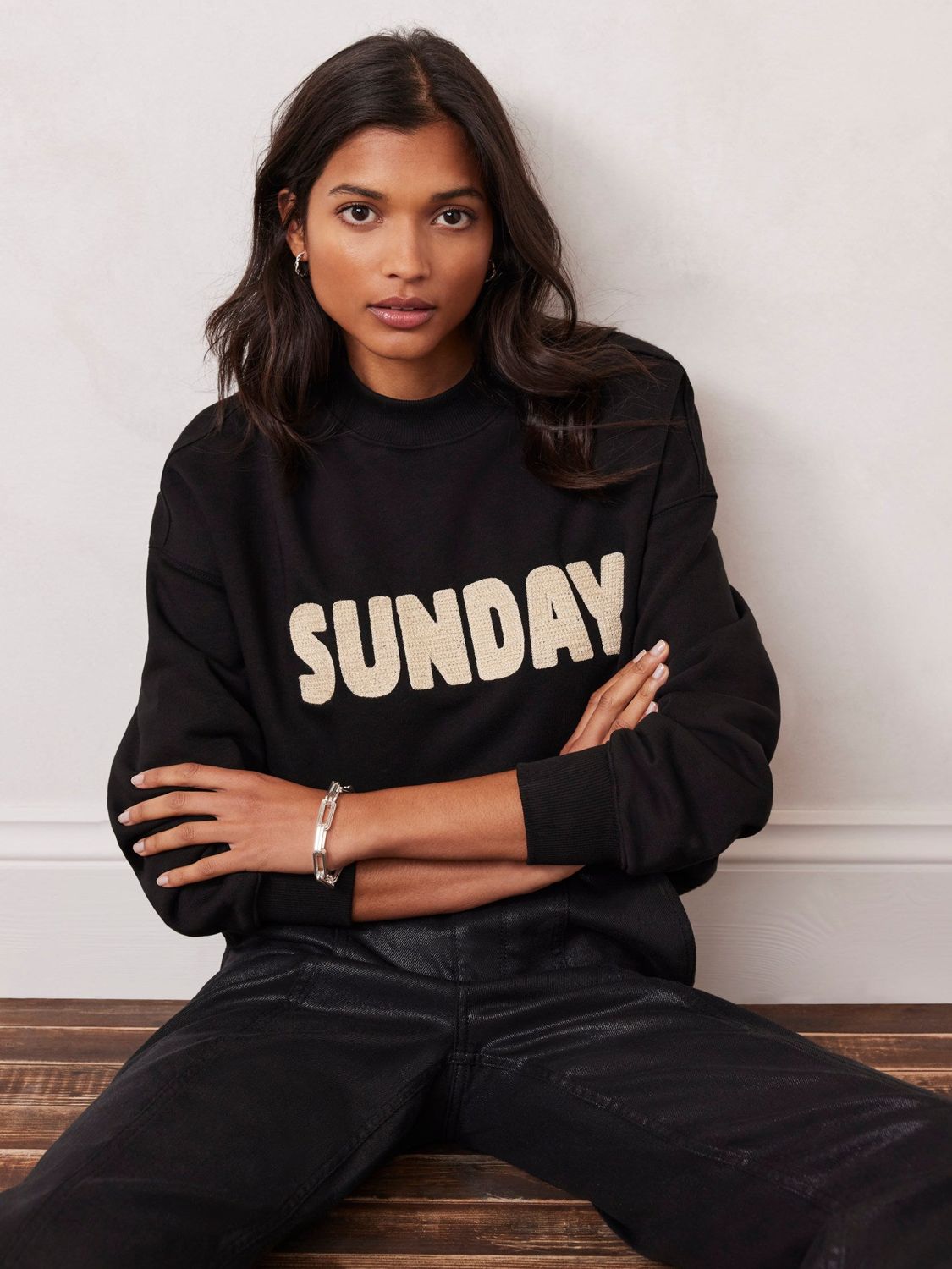 Mint Velvet Sunday Slogan Sweatshirt, Black at John Lewis & Partners
