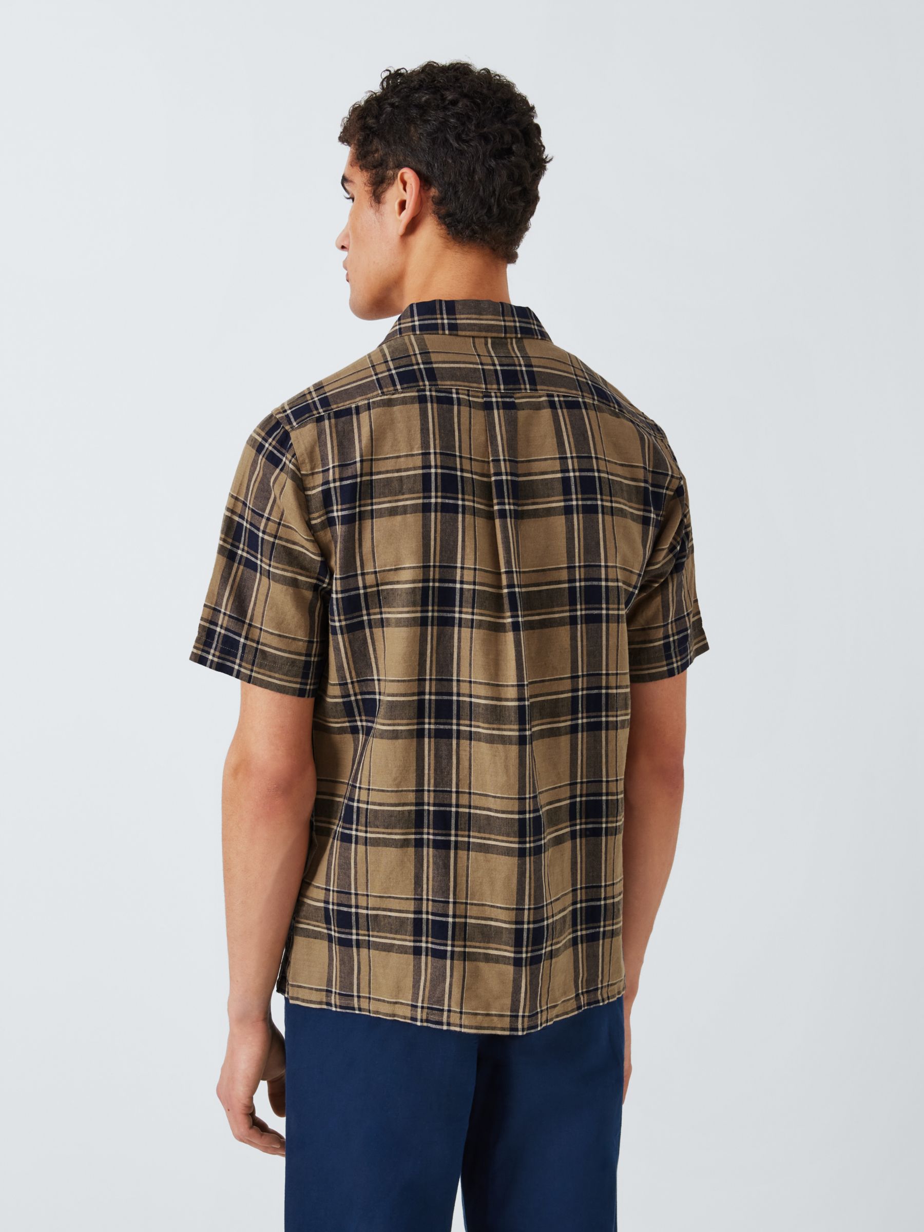 John Lewis Linen Blend Revere Collar Check Shirt, Brown, XL