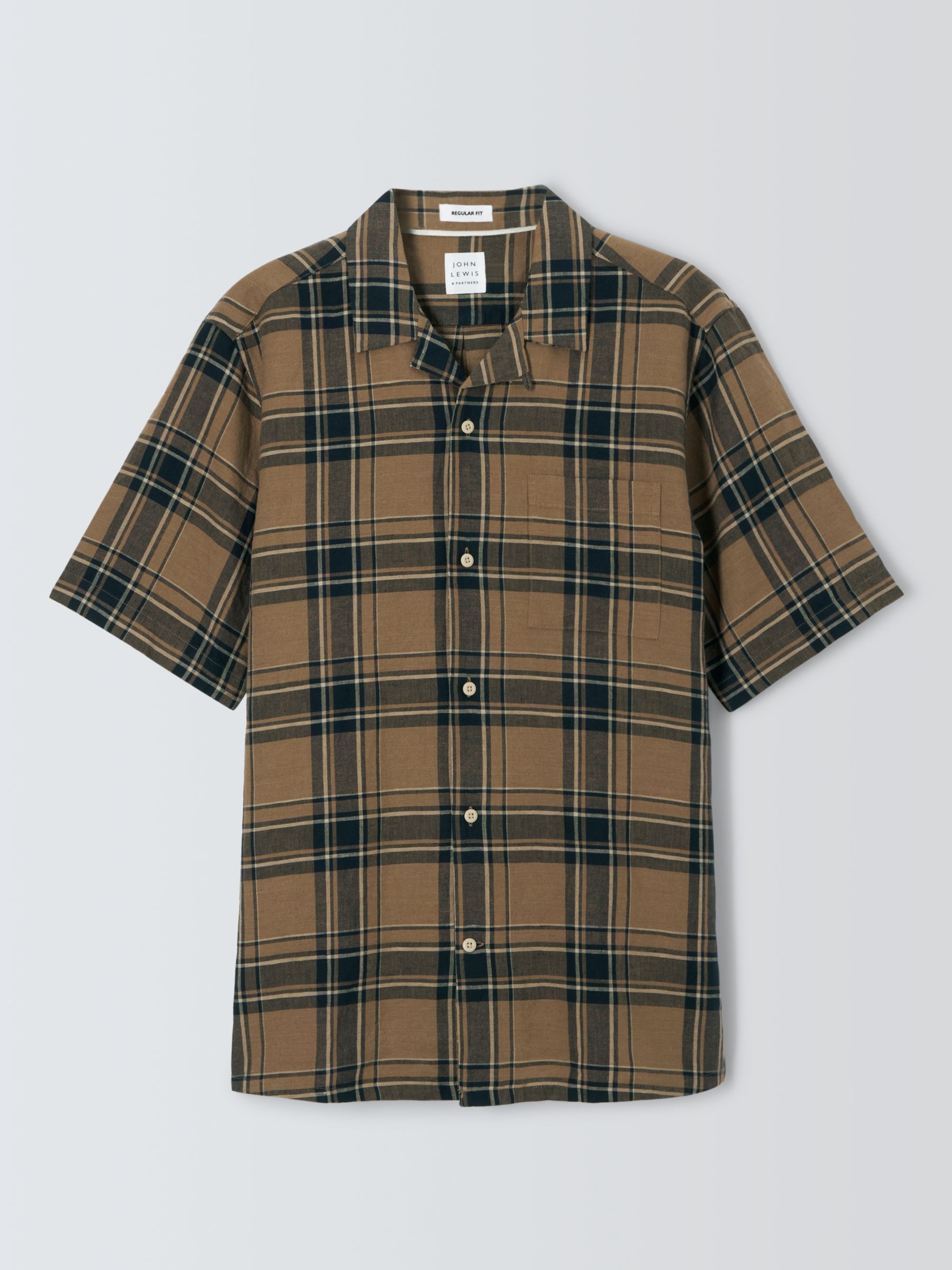 Buy John Lewis Linen Blend Revere Collar Check Shirt, Brown Online at johnlewis.com