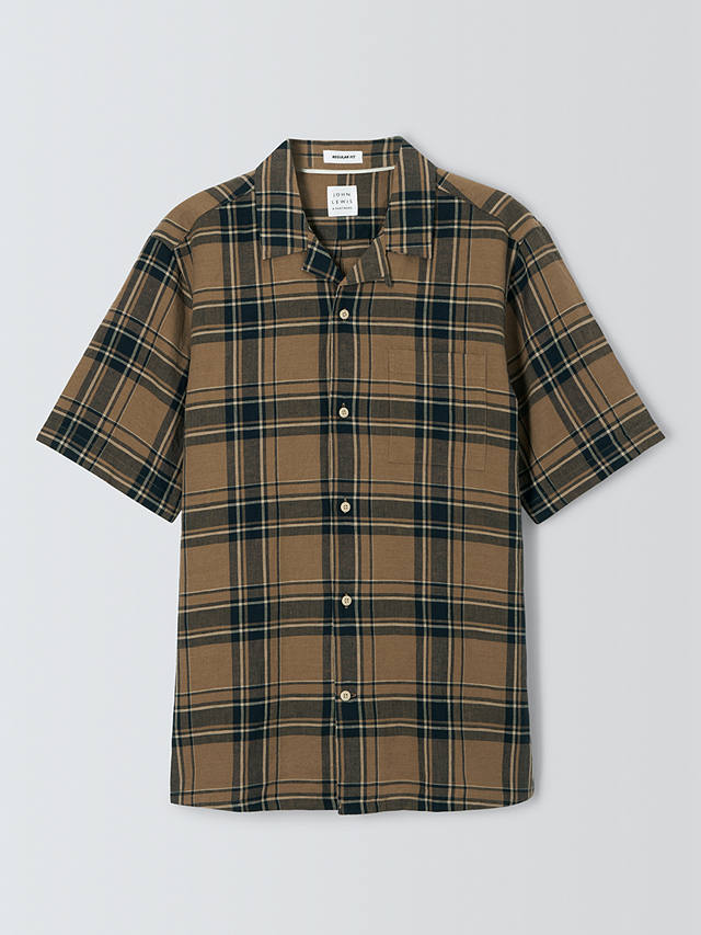 John Lewis Linen Blend Revere Collar Check Shirt, Brown