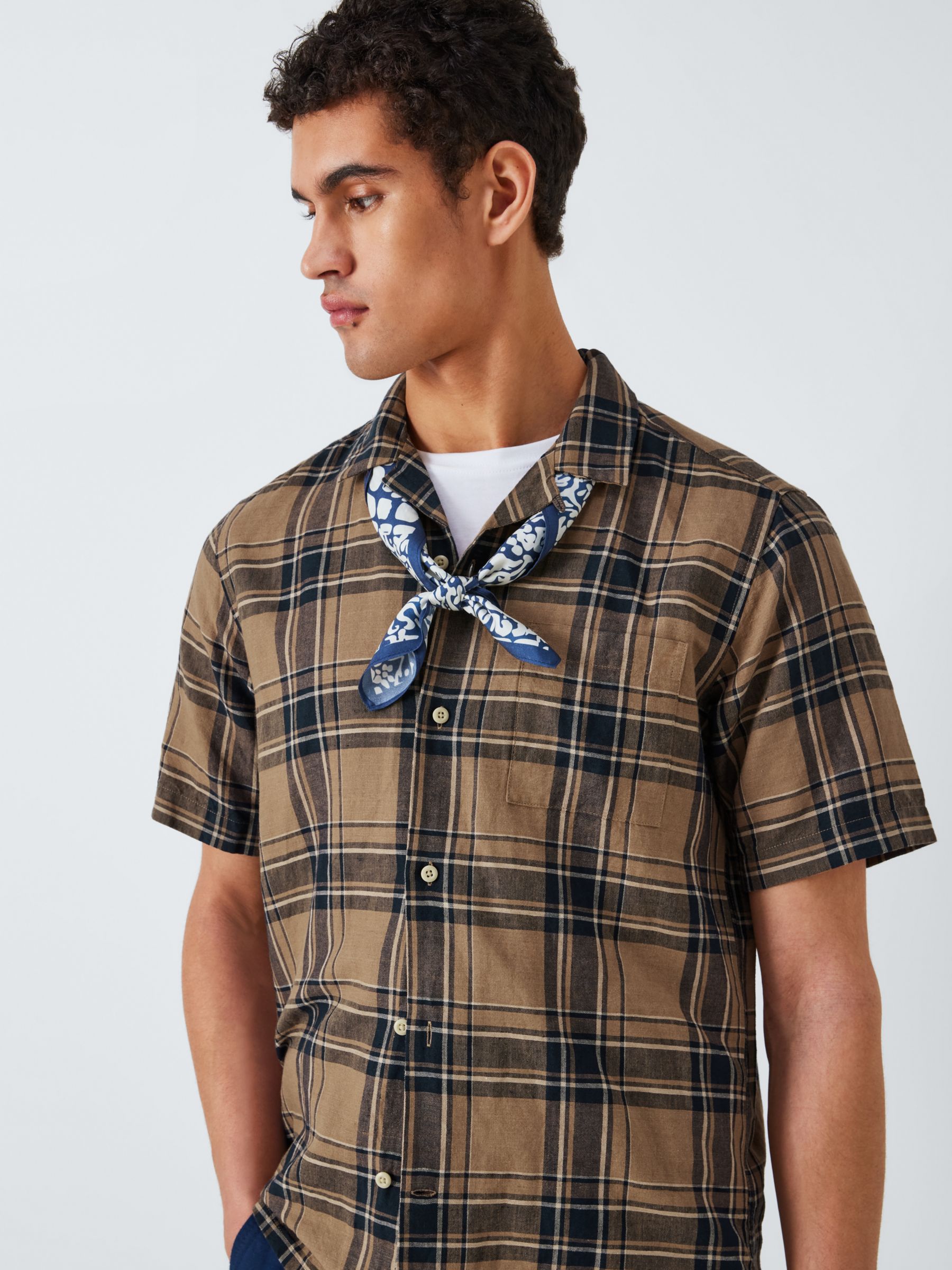 John Lewis Linen Blend Revere Collar Check Shirt, Brown, XL