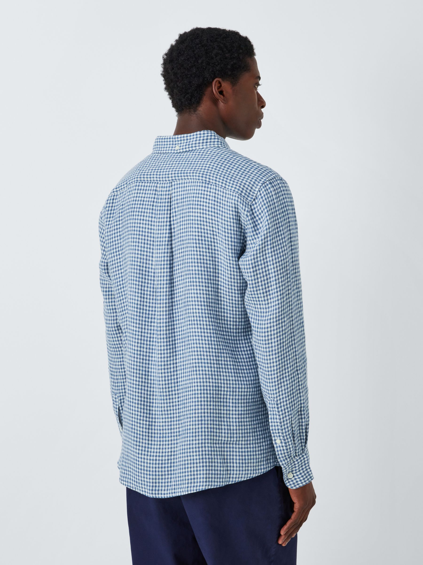 John Lewis Linen Long Sleeve Gingham Shirt, Blue, L