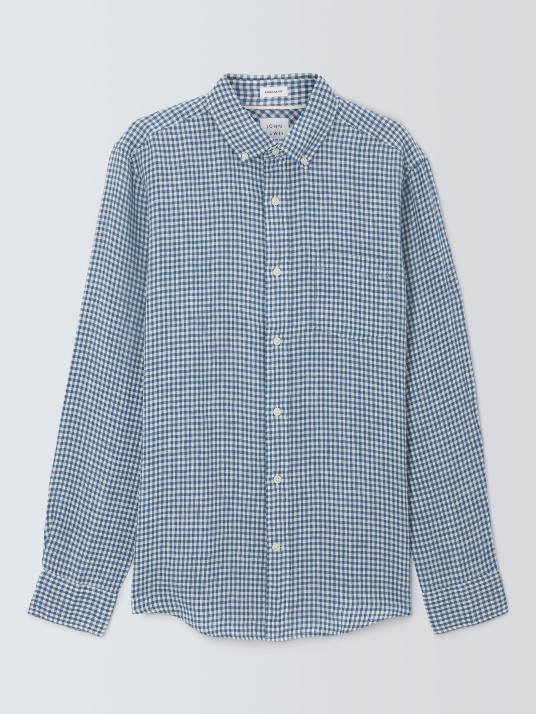 John Lewis Linen Long Sleeve Gingham Shirt, Blue, L