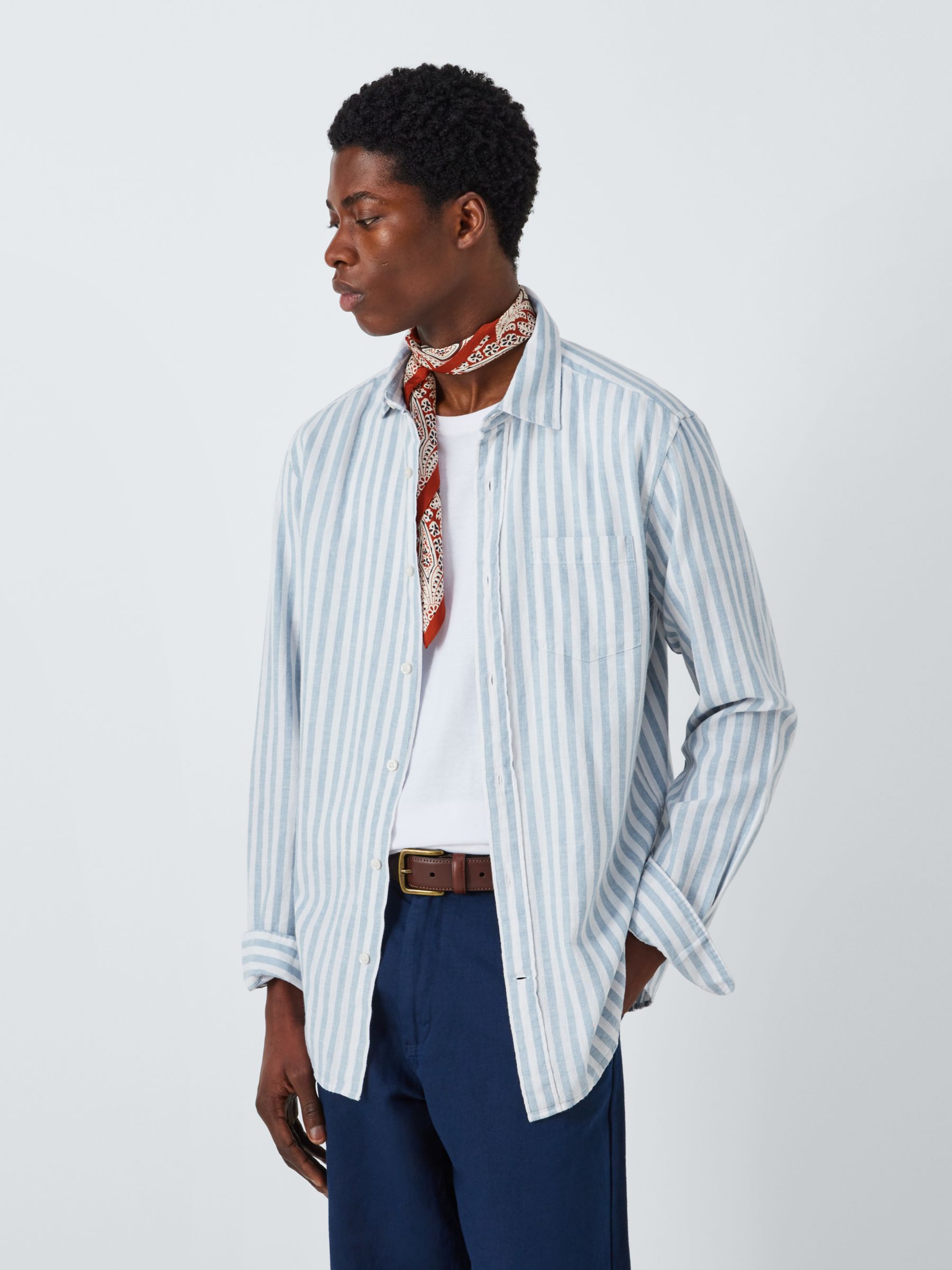 John Lewis Linen Blend Stripe Long Sleeve Shirt, Blue