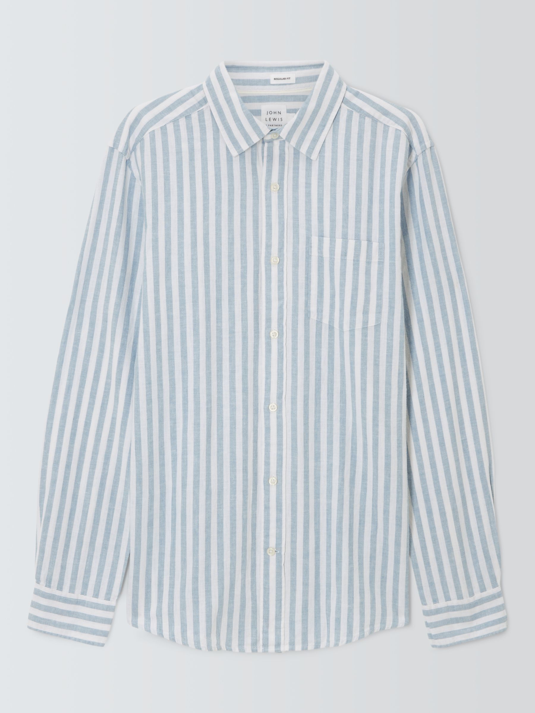 John Lewis Linen Blend Stripe Long Sleeve Shirt, Blue, S