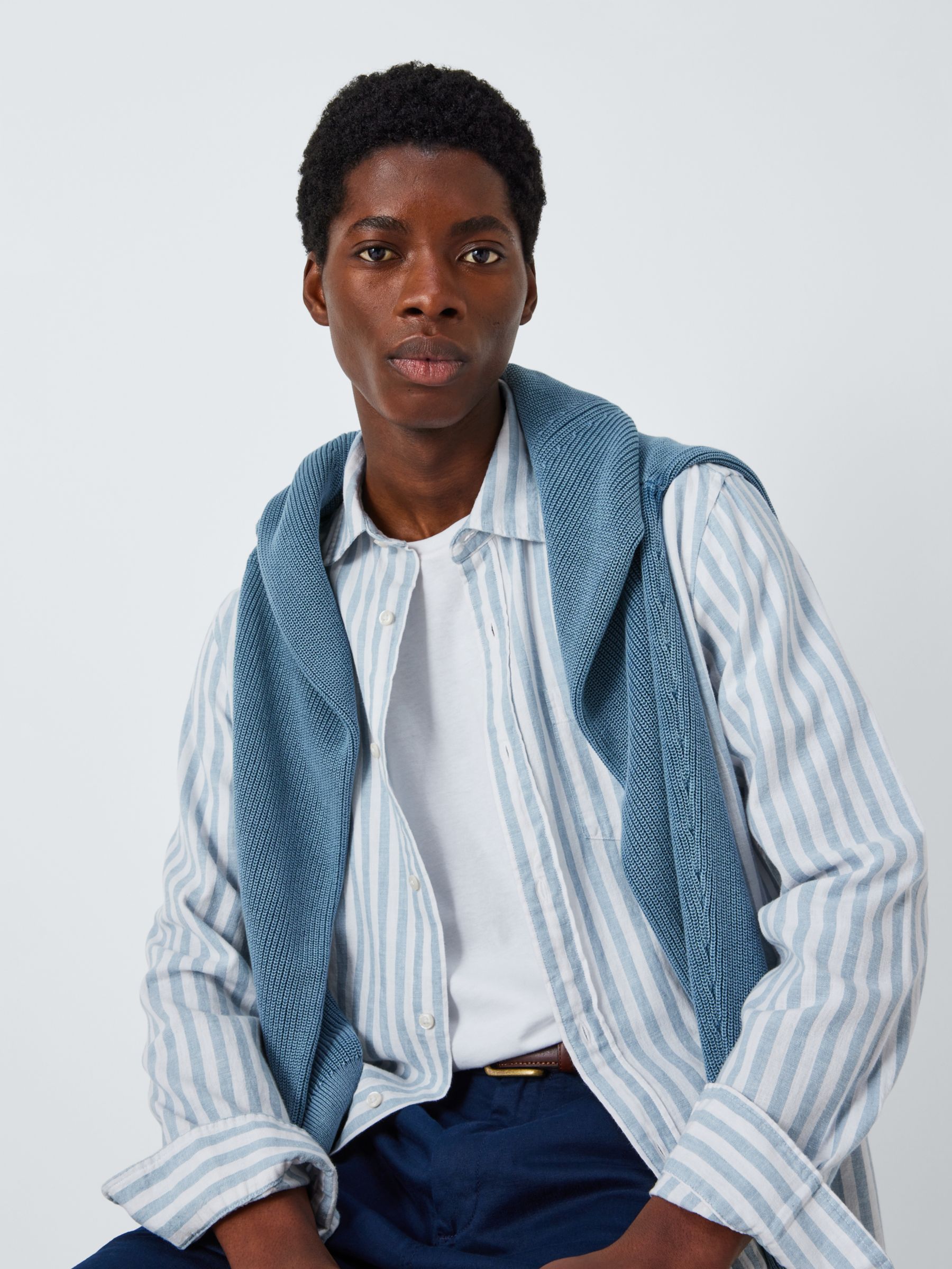 John Lewis Linen Blend Stripe Long Sleeve Shirt, Blue, S