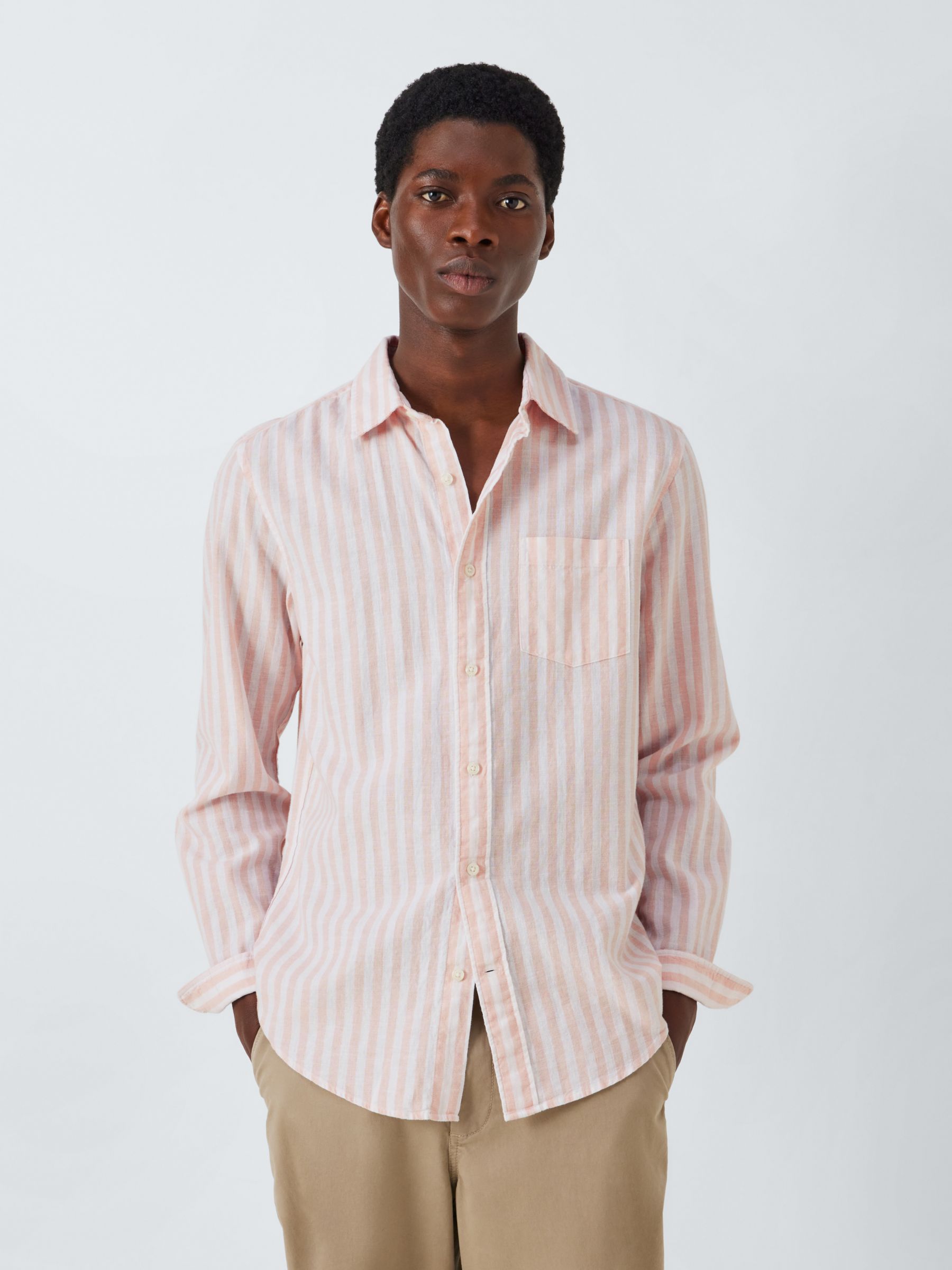 John Lewis Linen Blend Stripe Long Sleeve Shirt, Peach Whip, S