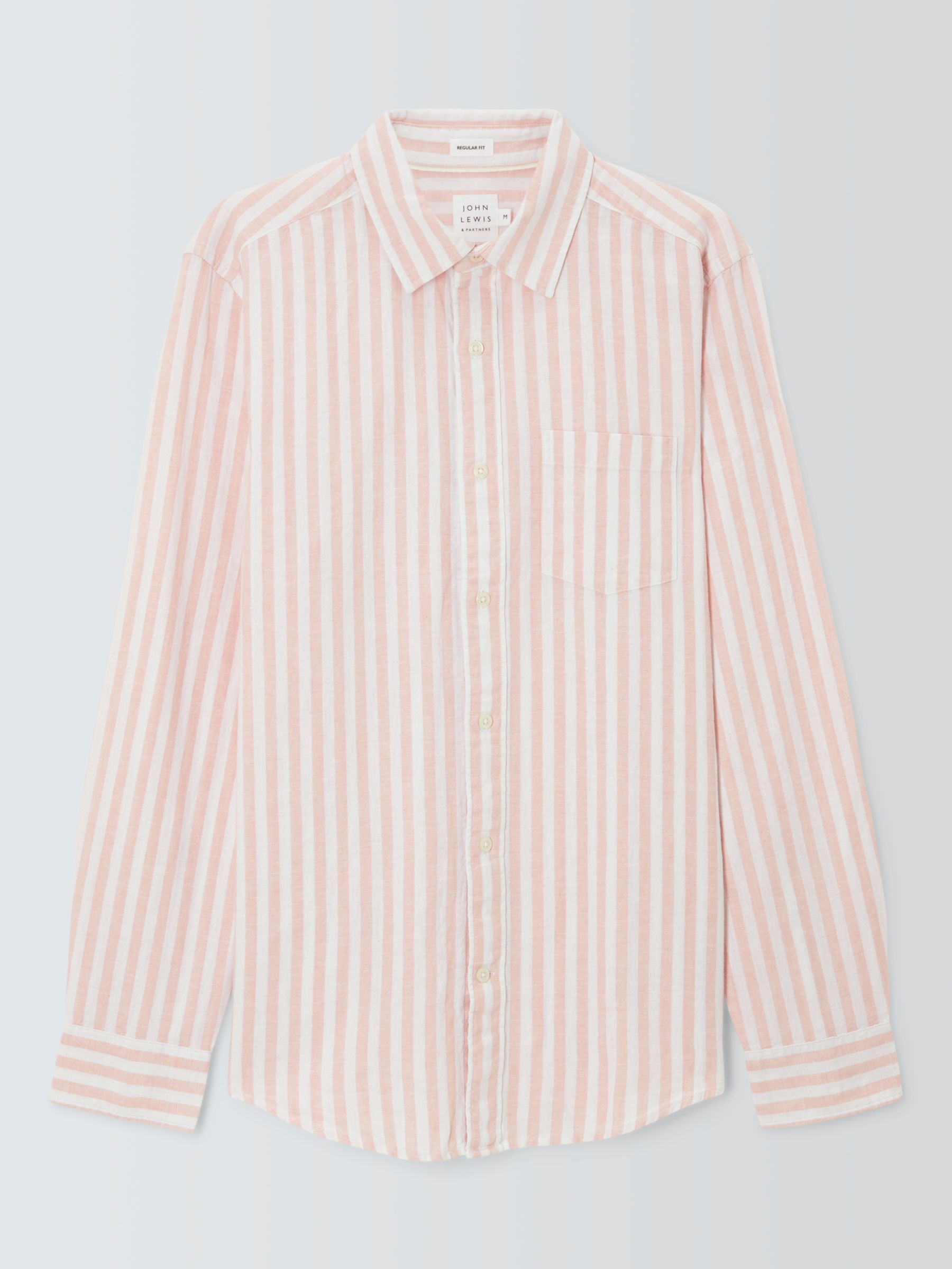 John Lewis Linen Blend Stripe Long Sleeve Shirt, Peach Whip, M