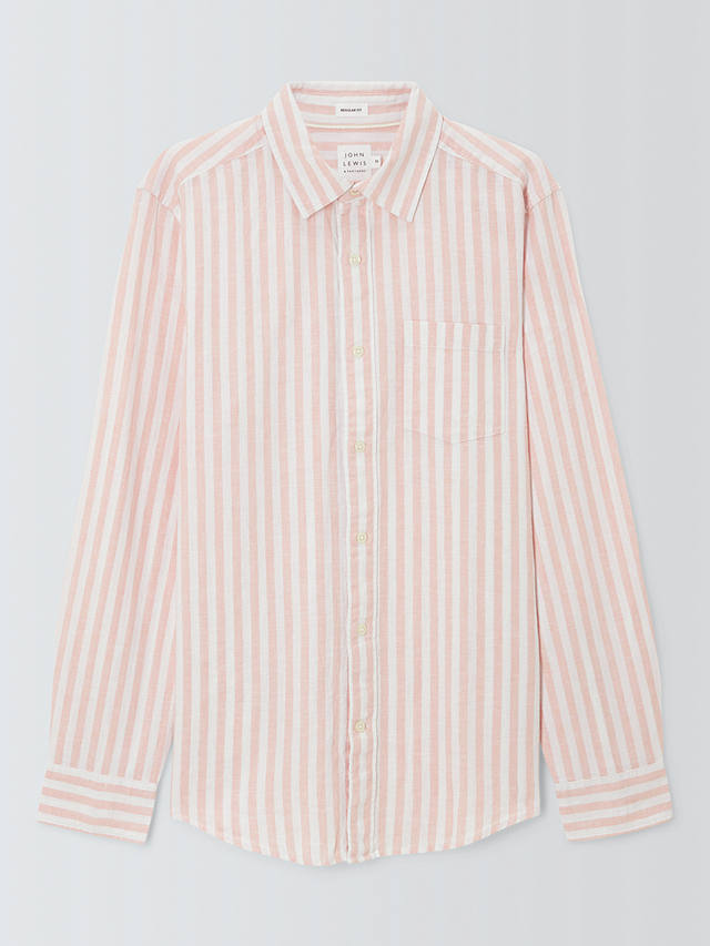 John Lewis Linen Blend Stripe Long Sleeve Shirt, Peach Whip