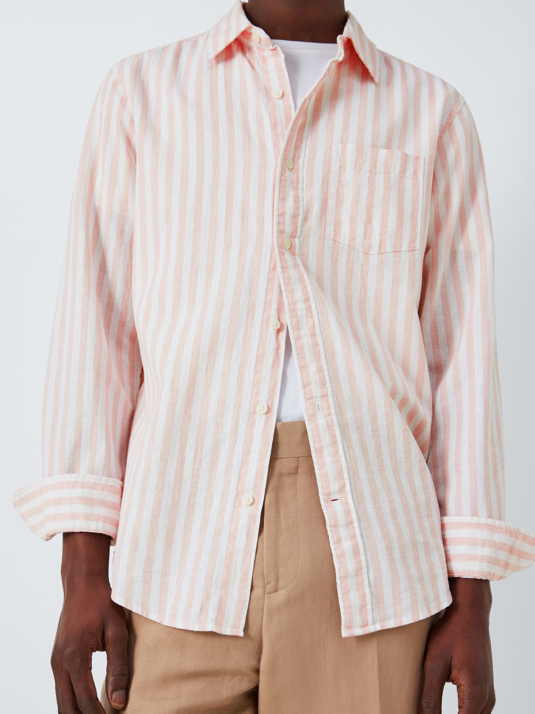 John Lewis Linen Blend Stripe Long Sleeve Shirt, Peach Whip, S
