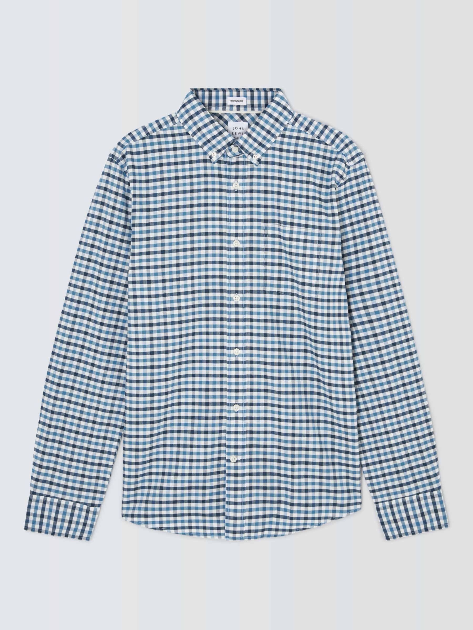John Lewis Oxford Gingham Long Sleeve Shirt, Blue, L