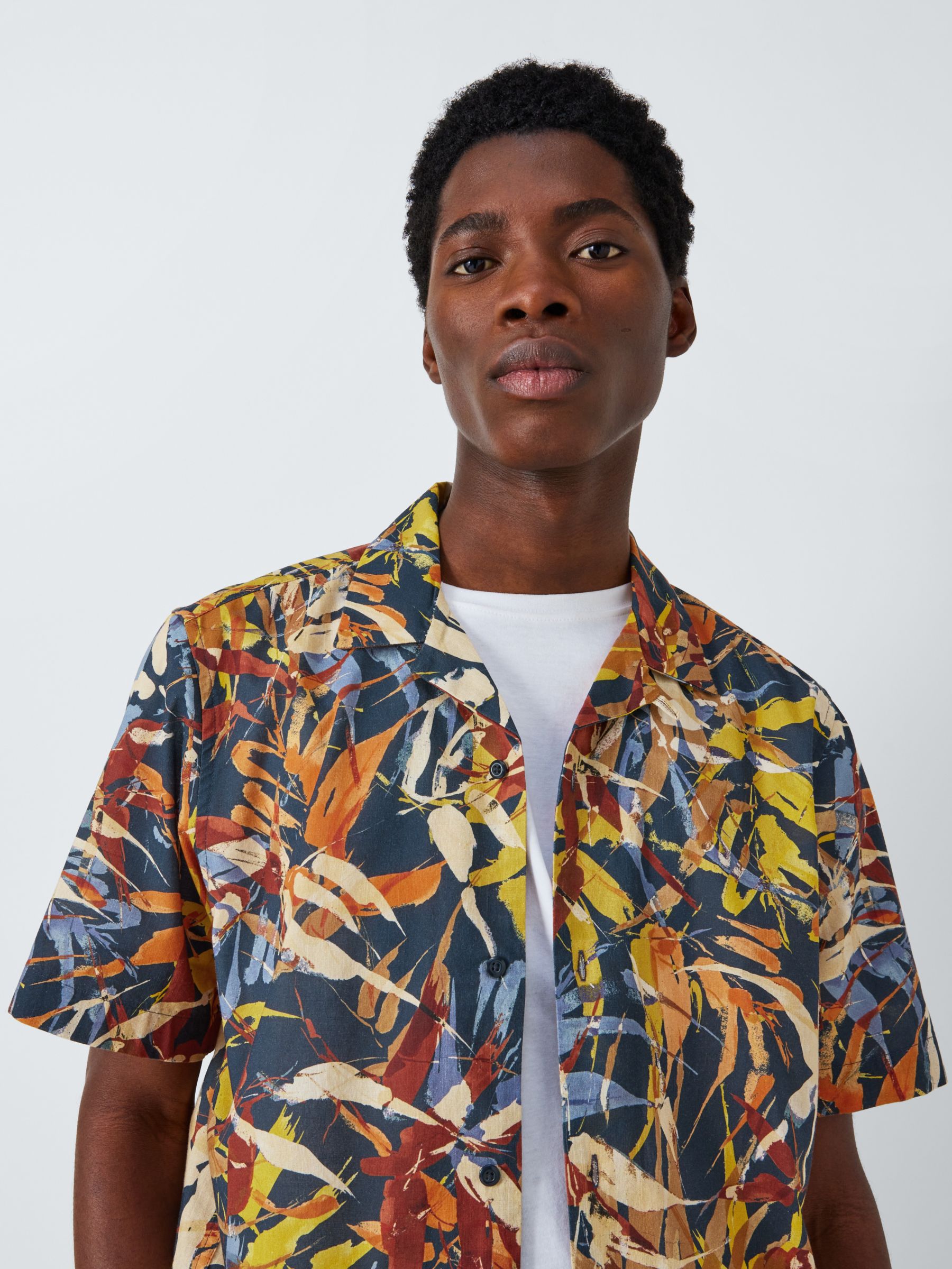 John Lewis Bamboo Floral Short Sleeve Shirt, Navy/Multi, M