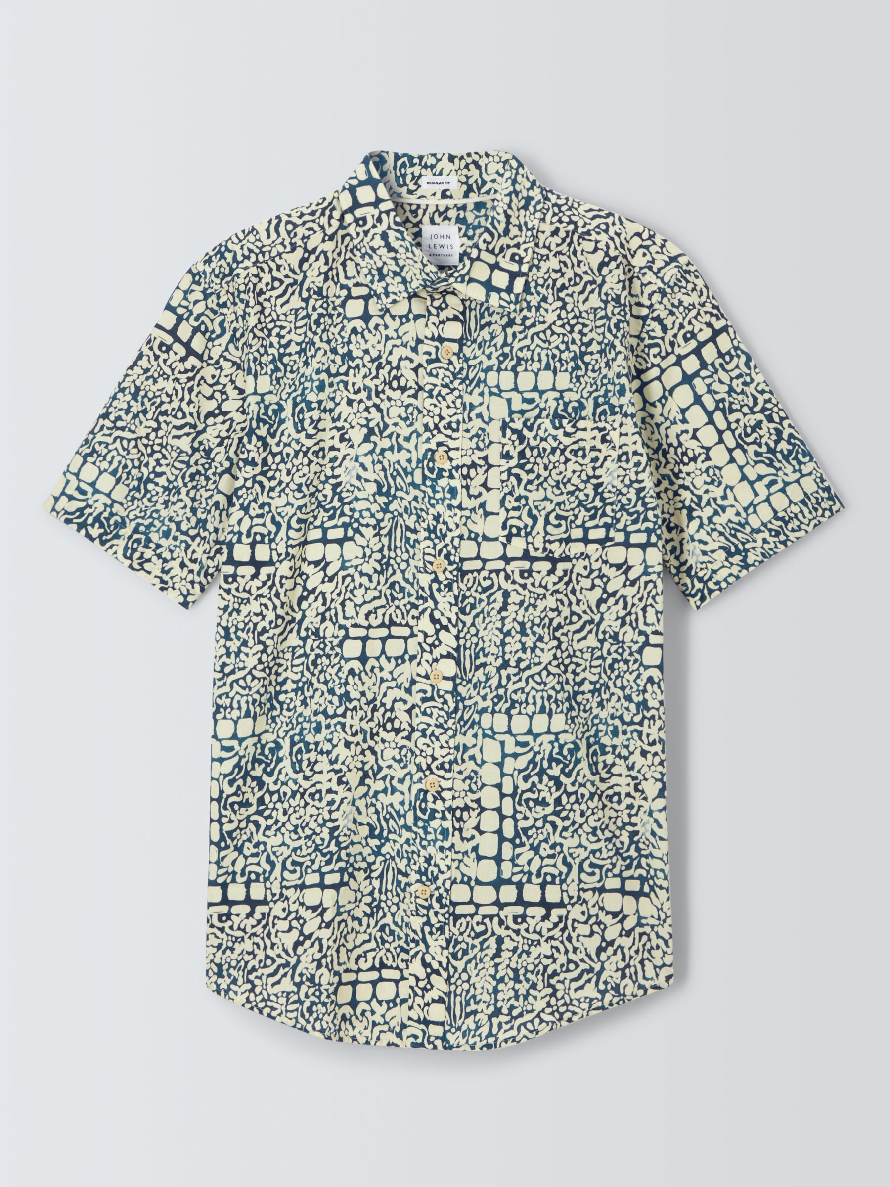 John Lewis Short Sleeve Tile Print Shirt, Blue/Multi, L