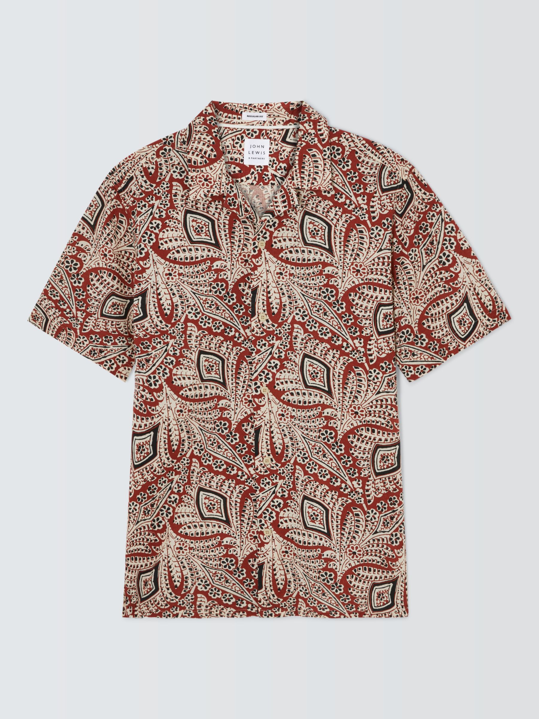 John Lewis Paisley Print Short Sleeve Shirt, Spice, XL