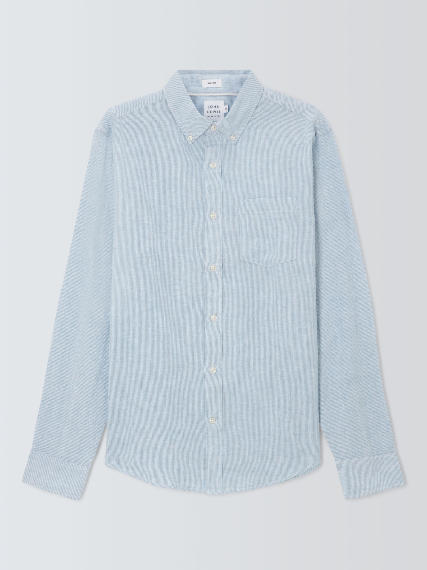 John Lewis Linen Blend Micro Stripe Long Sleeve Shirt, Blue, S