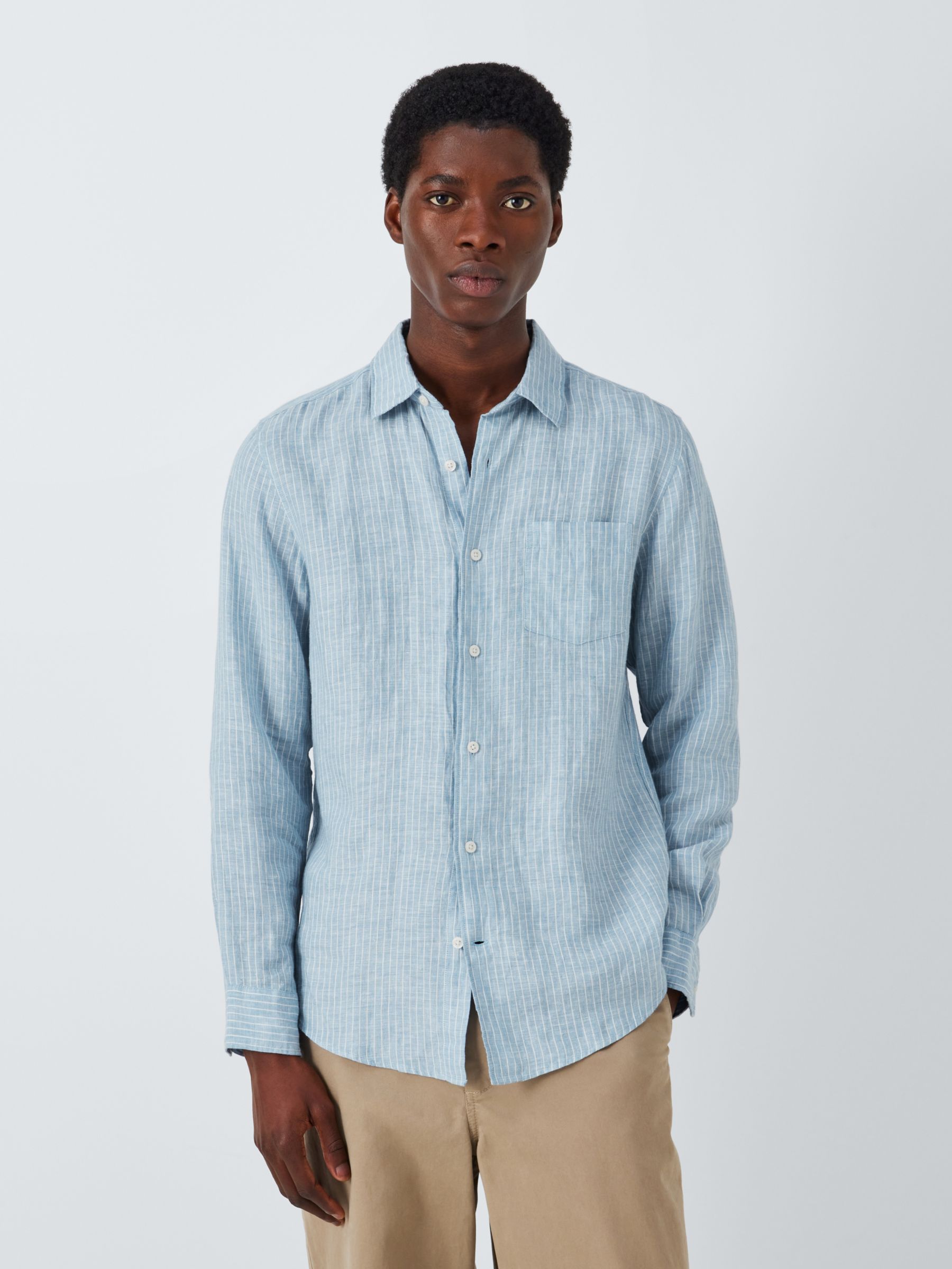 John Lewis Linen Micro Stripe Long Sleeve Shirt, Blue, S