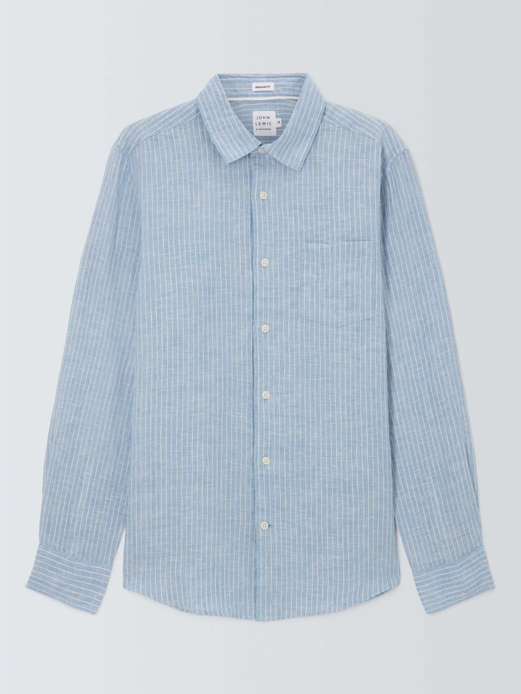 John Lewis Linen Micro Stripe Long Sleeve Shirt, Blue, S