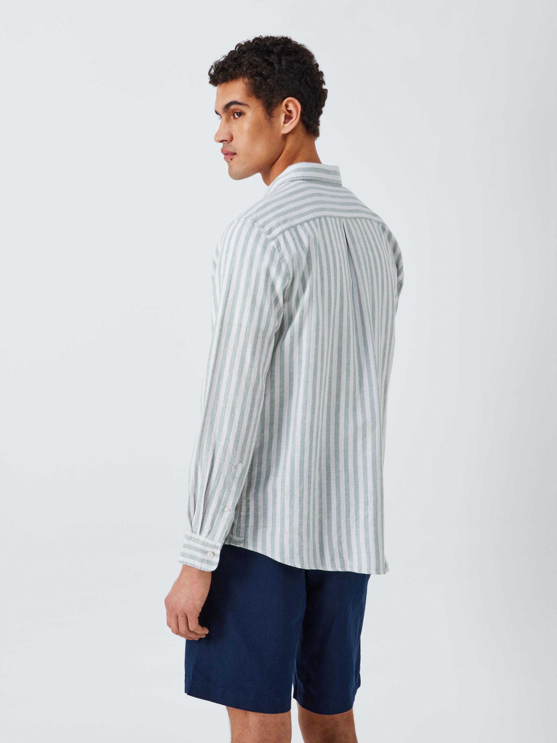 John Lewis Linen Blend Stripe Long Sleeve Shirt, Green M