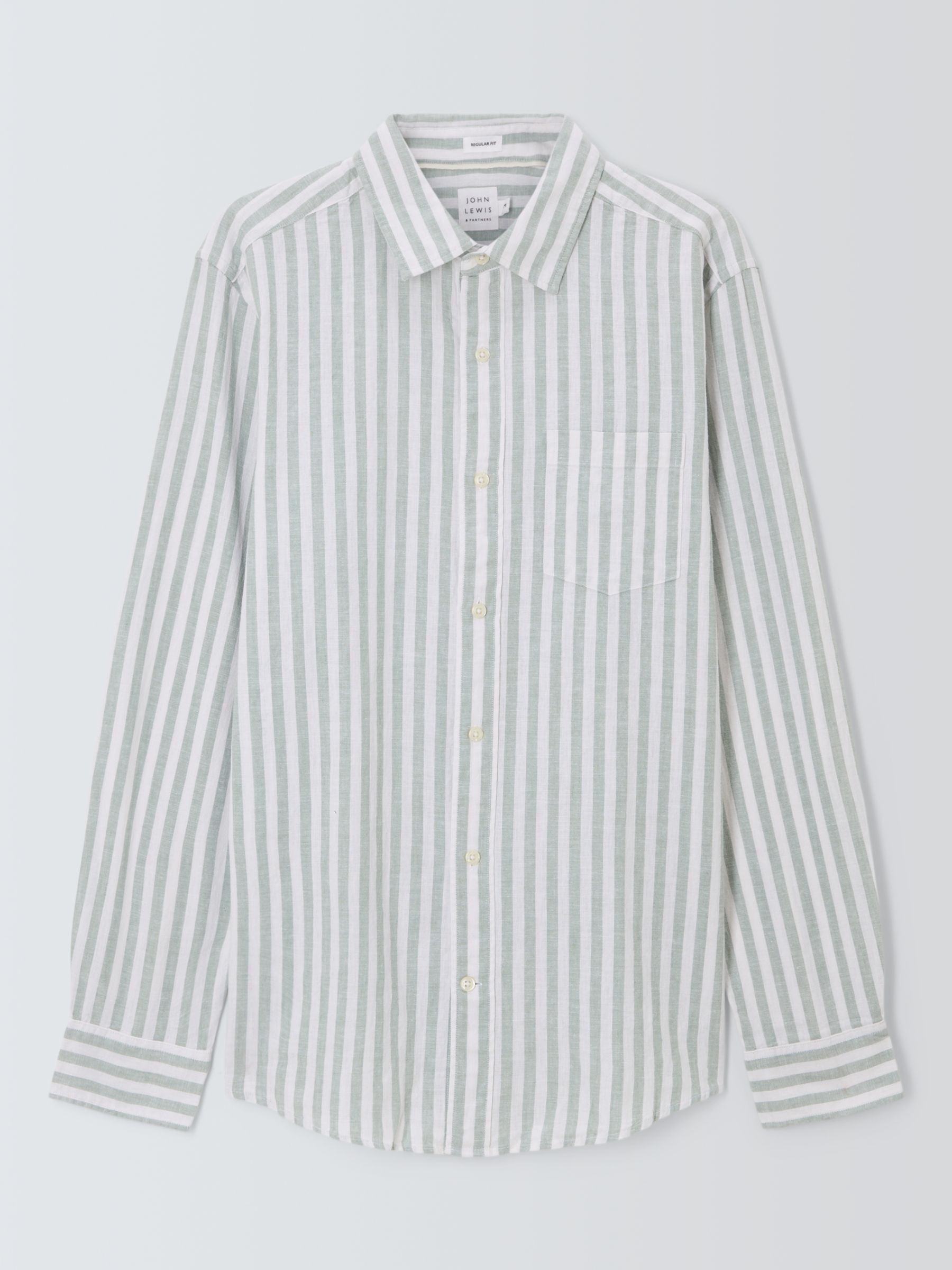 John Lewis Linen Blend Stripe Long Sleeve Shirt, Green M