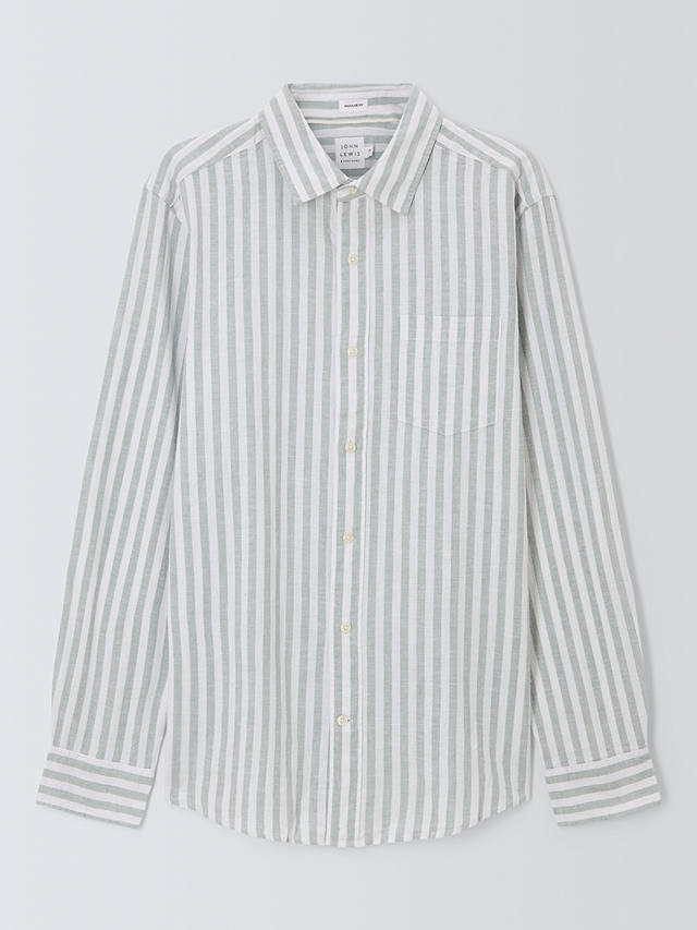 John Lewis Linen Blend Stripe Long Sleeve Shirt, Grey Mist