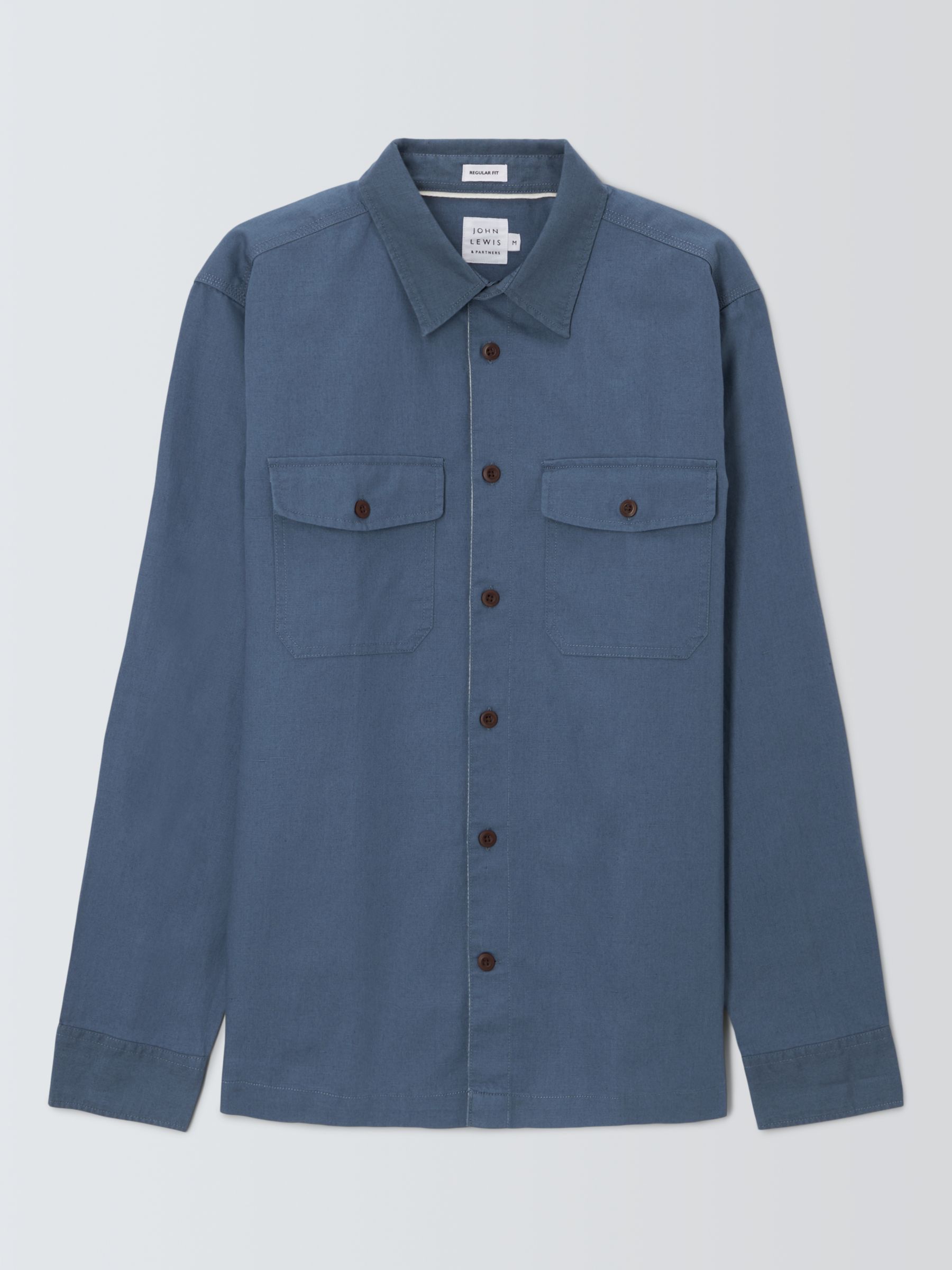 John Lewis Linen Blend Over Shirt, China Blue, L