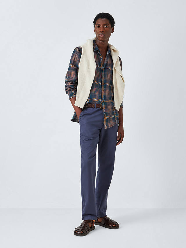 John Lewis Linen Check Shirt, Navy/Brown