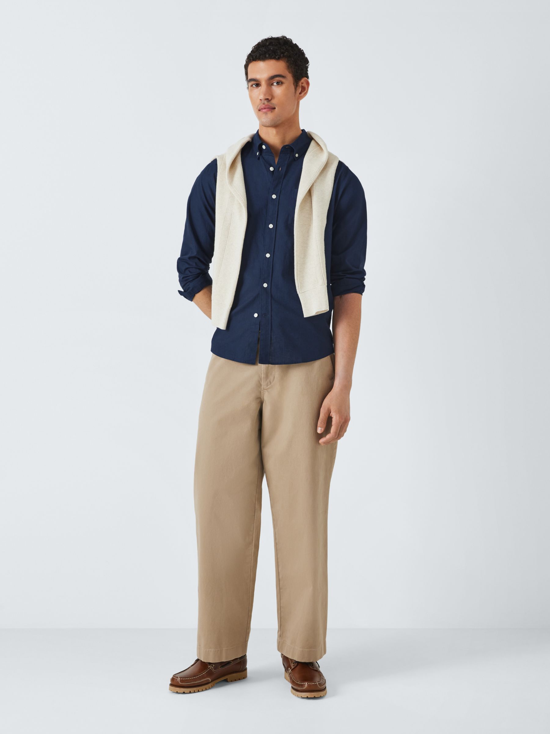 John Lewis Linen Blend Long Sleeve Shirt, Navy, M