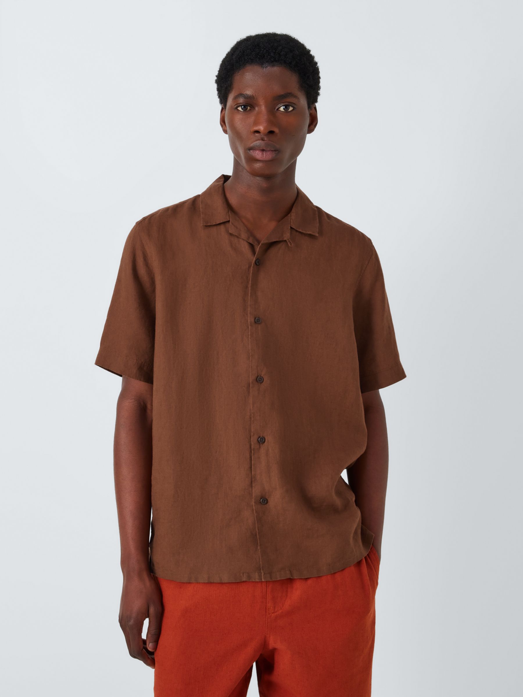 John Lewis Linen Revere Collar Short Sleeve Shirt, Cappuccino, XL