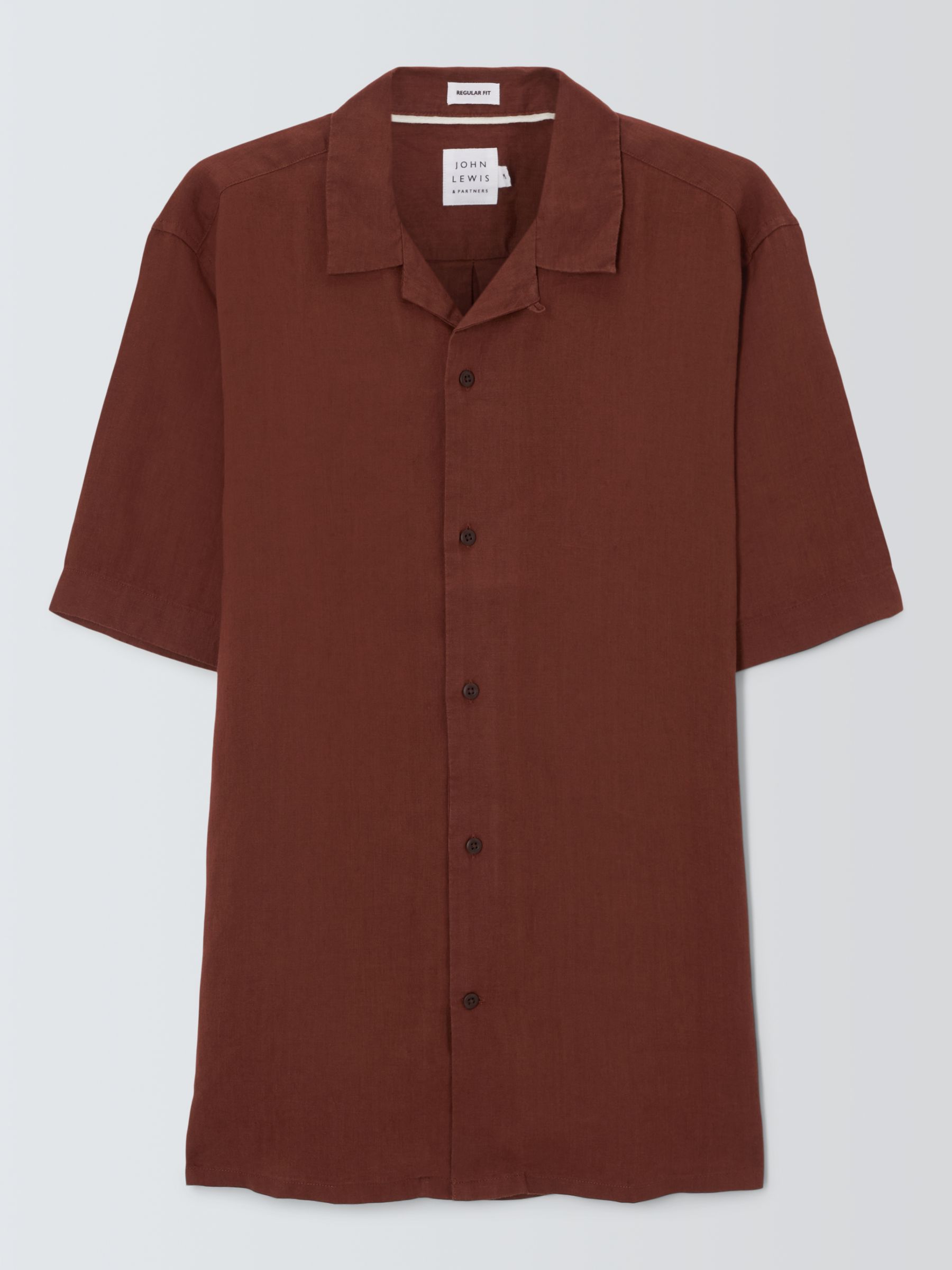 John Lewis Linen Revere Collar Short Sleeve Shirt, Cappuccino, XL