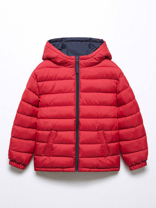 Mango Kids' Paco Reversible Quilted Hooded Anorak, Red/Navy