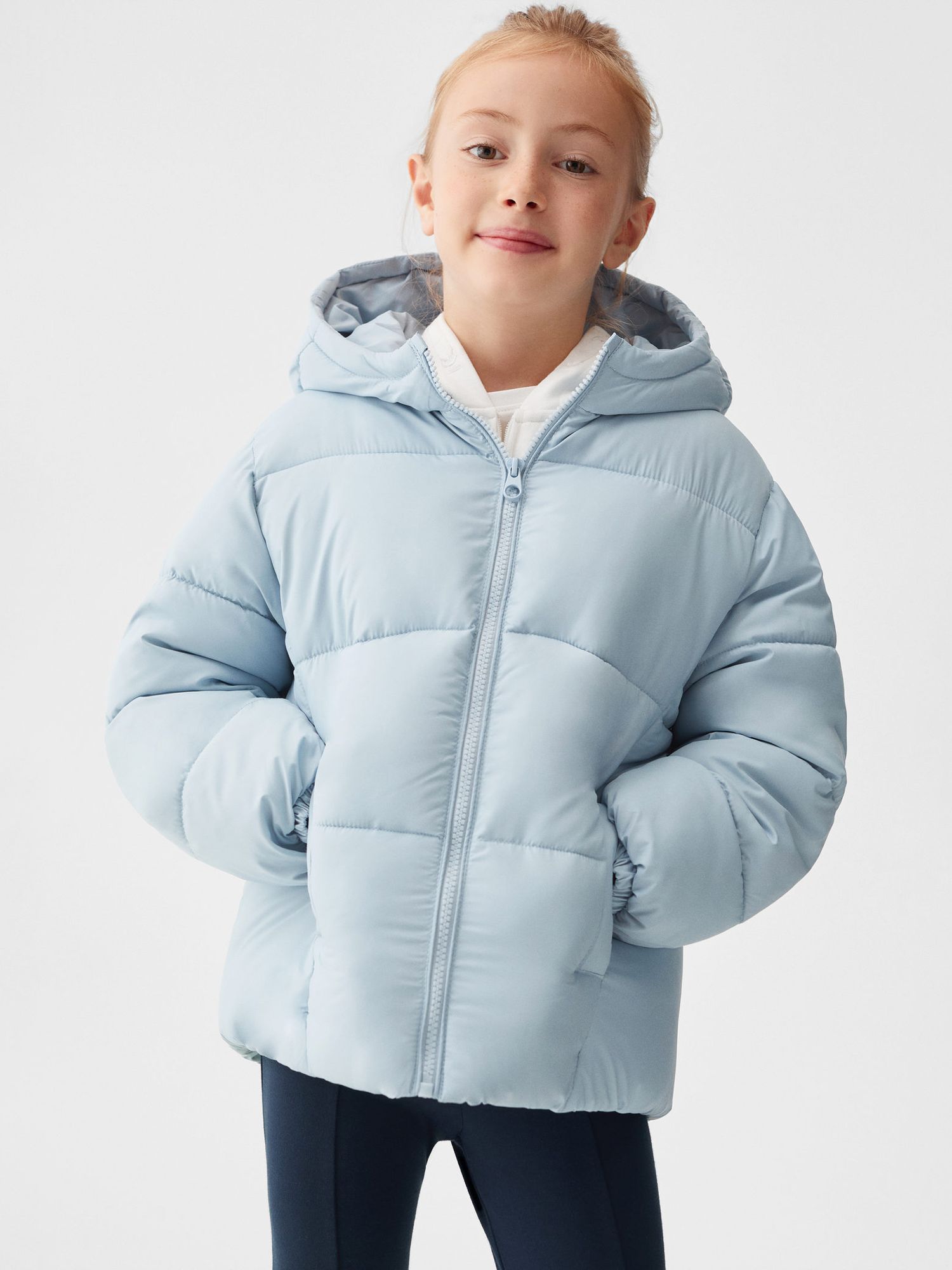 Mango Kids' Ali Hooded Quilted Jacket, Pastel Blue at John Lewis & Partners
