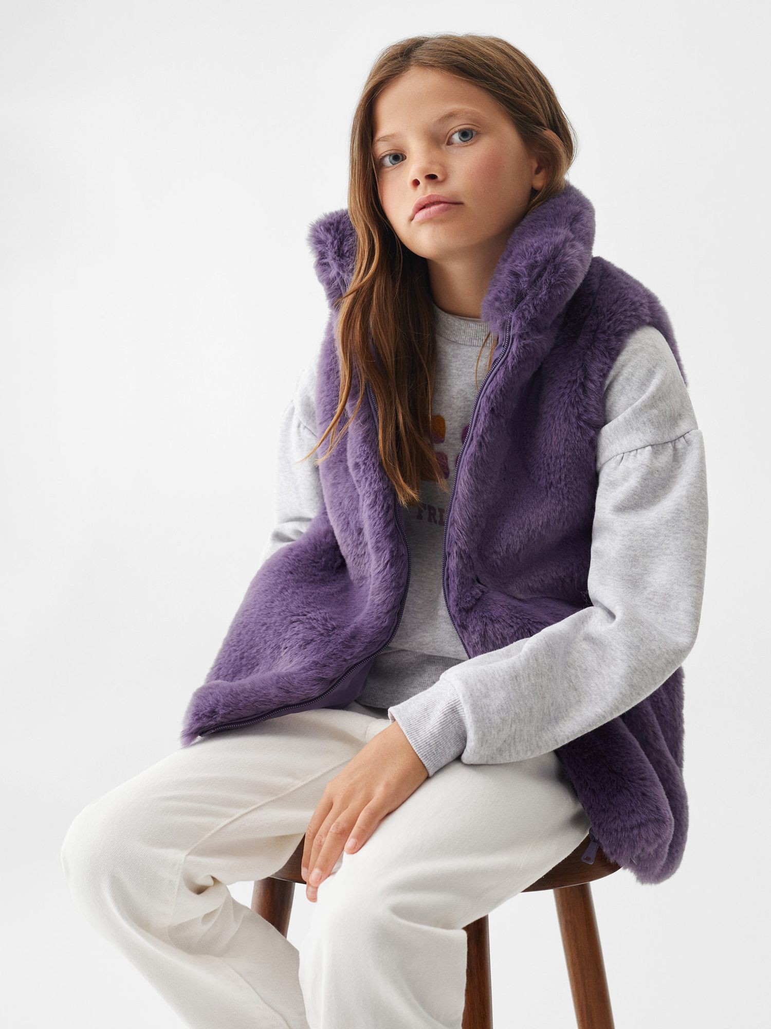 Buy Mango Kids' Canela High Neck Faux Fur Gilet, Pastel Purple Online at johnlewis.com