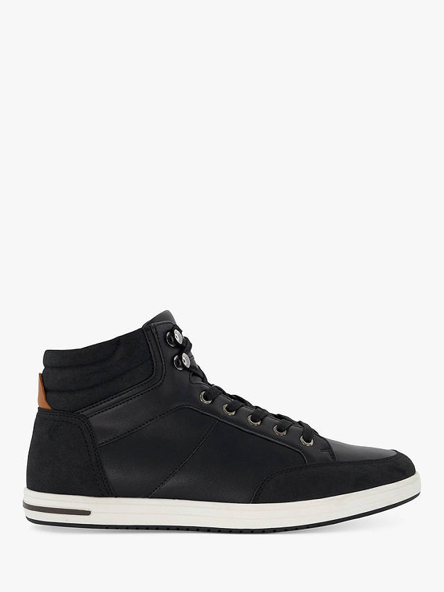 Dune Sutton Leather High-Top Trainers, Black at John Lewis & Partners