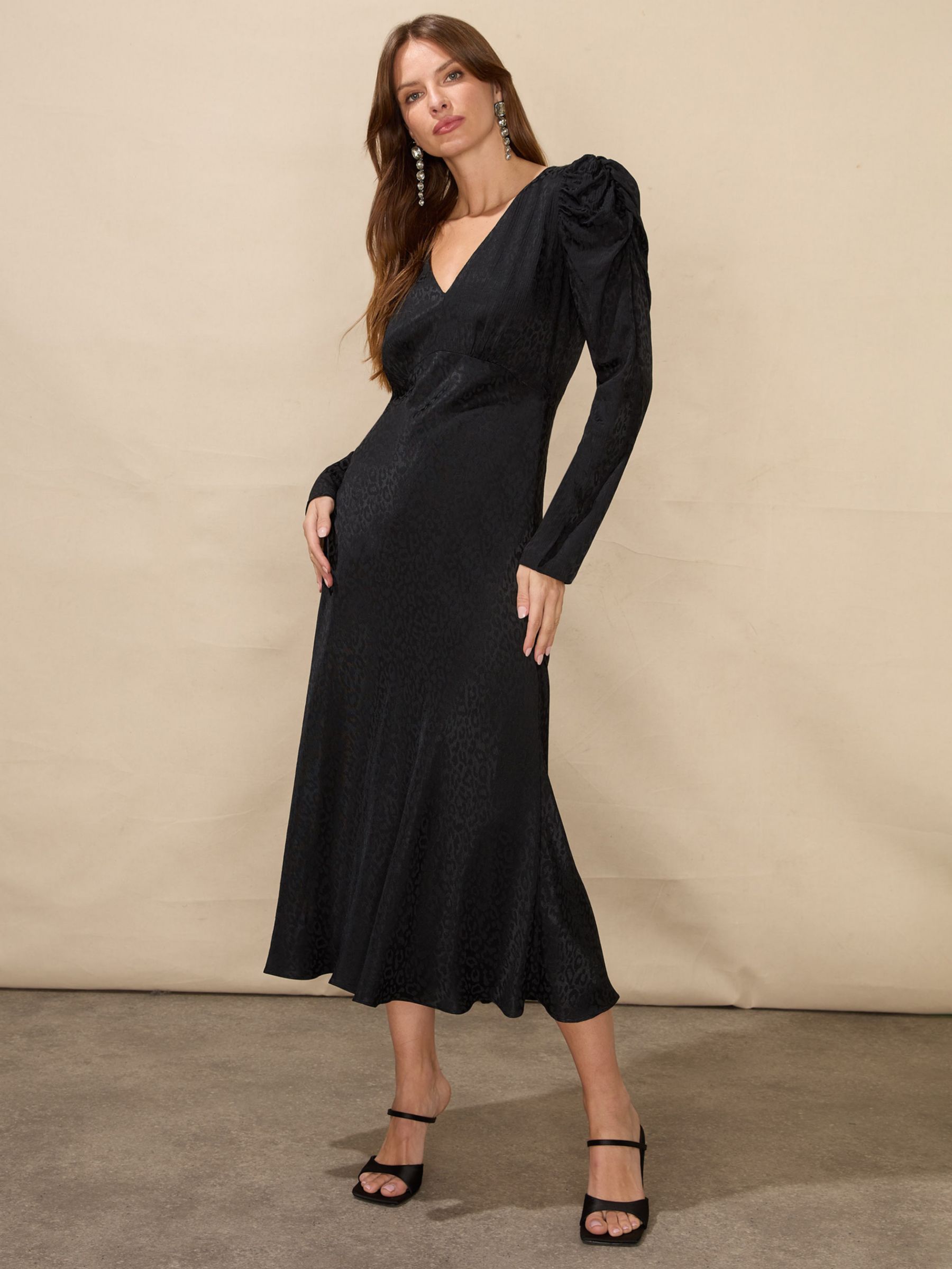 Ro&Zo Satin Jacquard Puff Sleeve Midi Dress, Black, 6