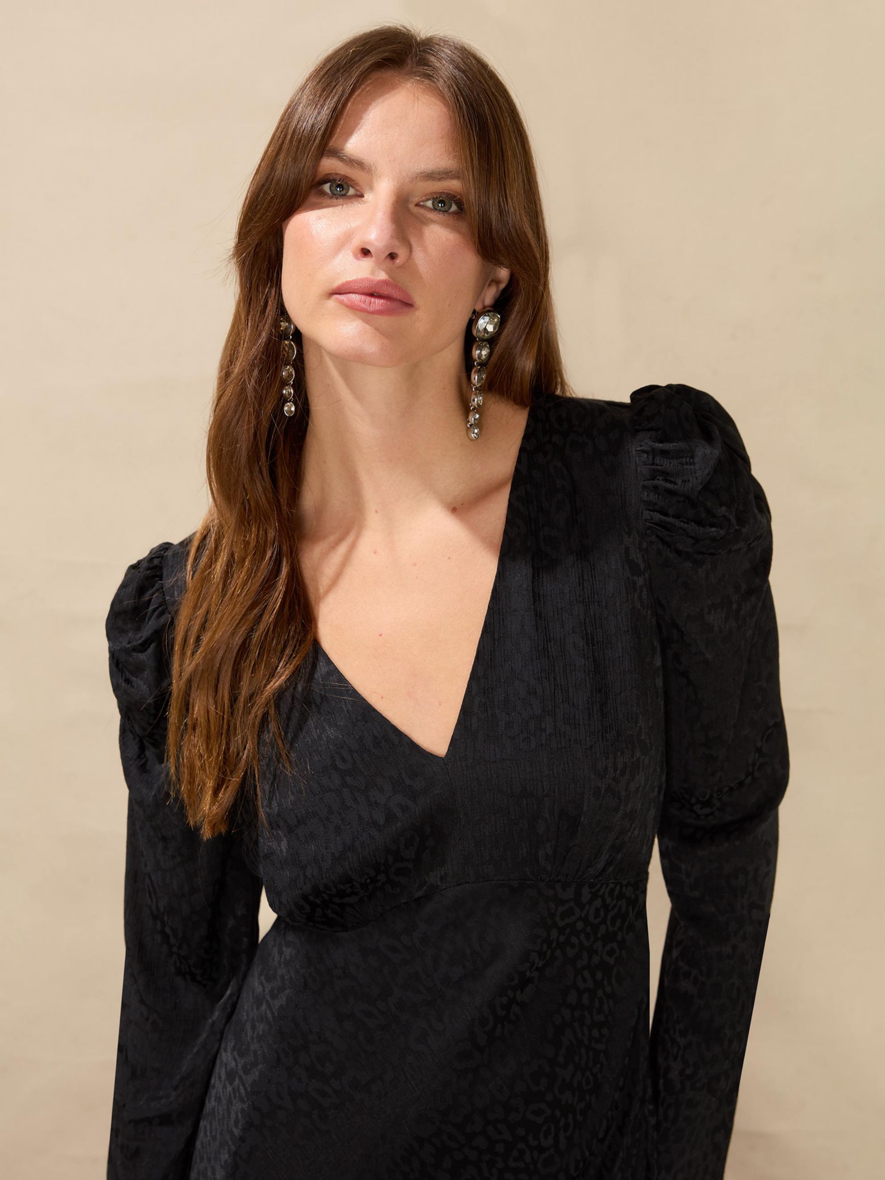 Ro&Zo Satin Jacquard Puff Sleeve Midi Dress, Black at John Lewis & Partners