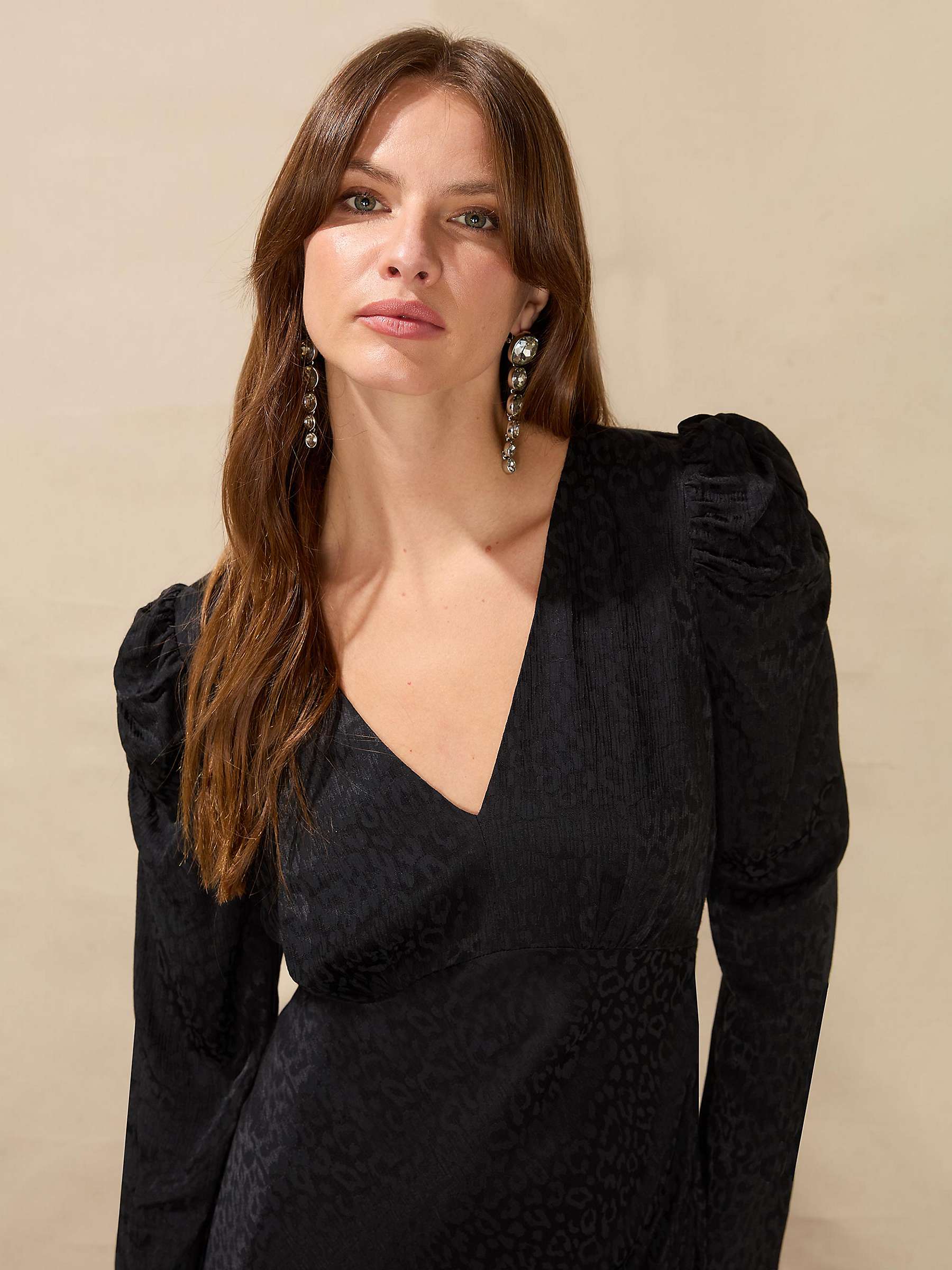Buy Ro&Zo Satin Jacquard Puff Sleeve Midi Dress, Black Online at johnlewis.com