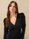 Ro&Zo Satin Jacquard Puff Sleeve Midi Dress, Black