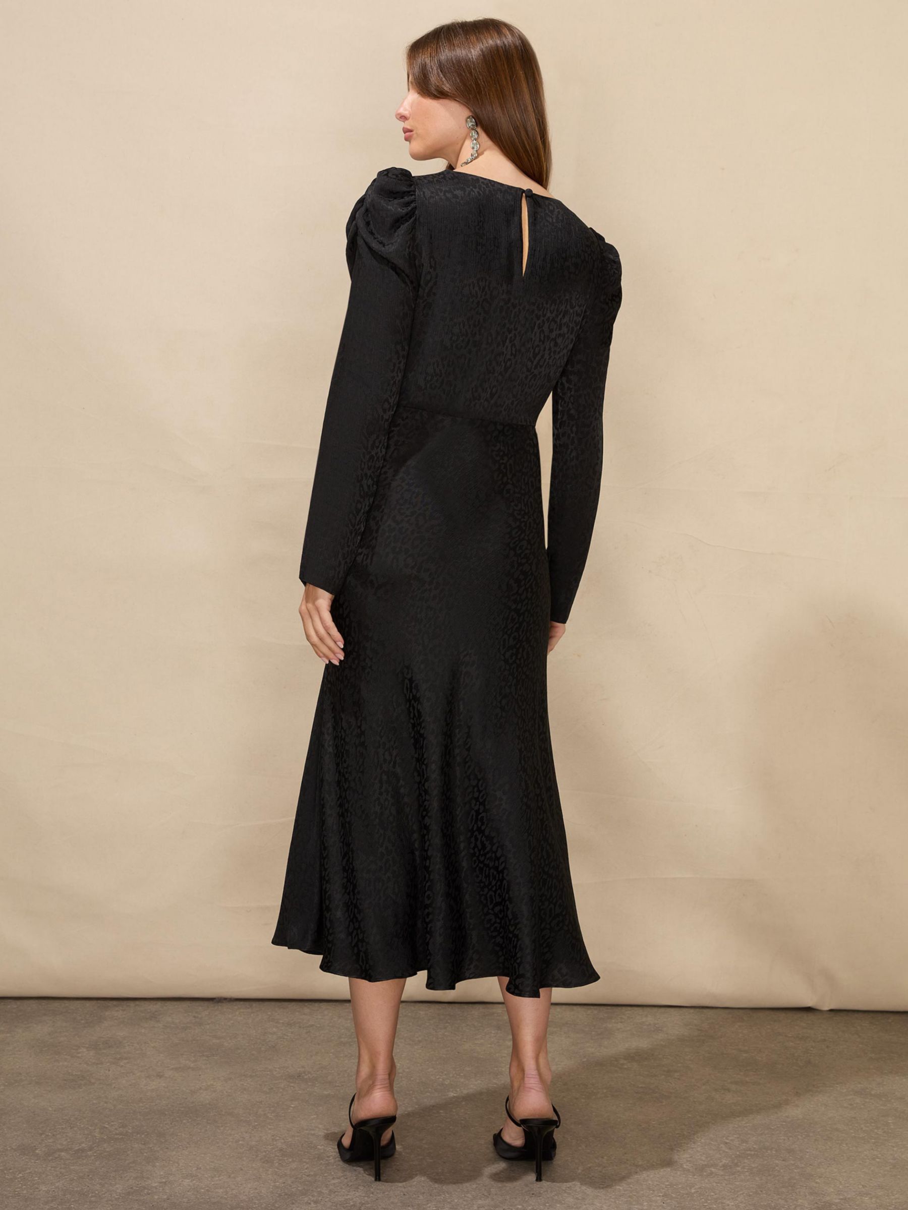 Ro&Zo Satin Jacquard Puff Sleeve Midi Dress, Black, 6