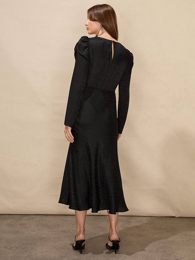 Ro&Zo Satin Jacquard Puff Sleeve Midi Dress, Black