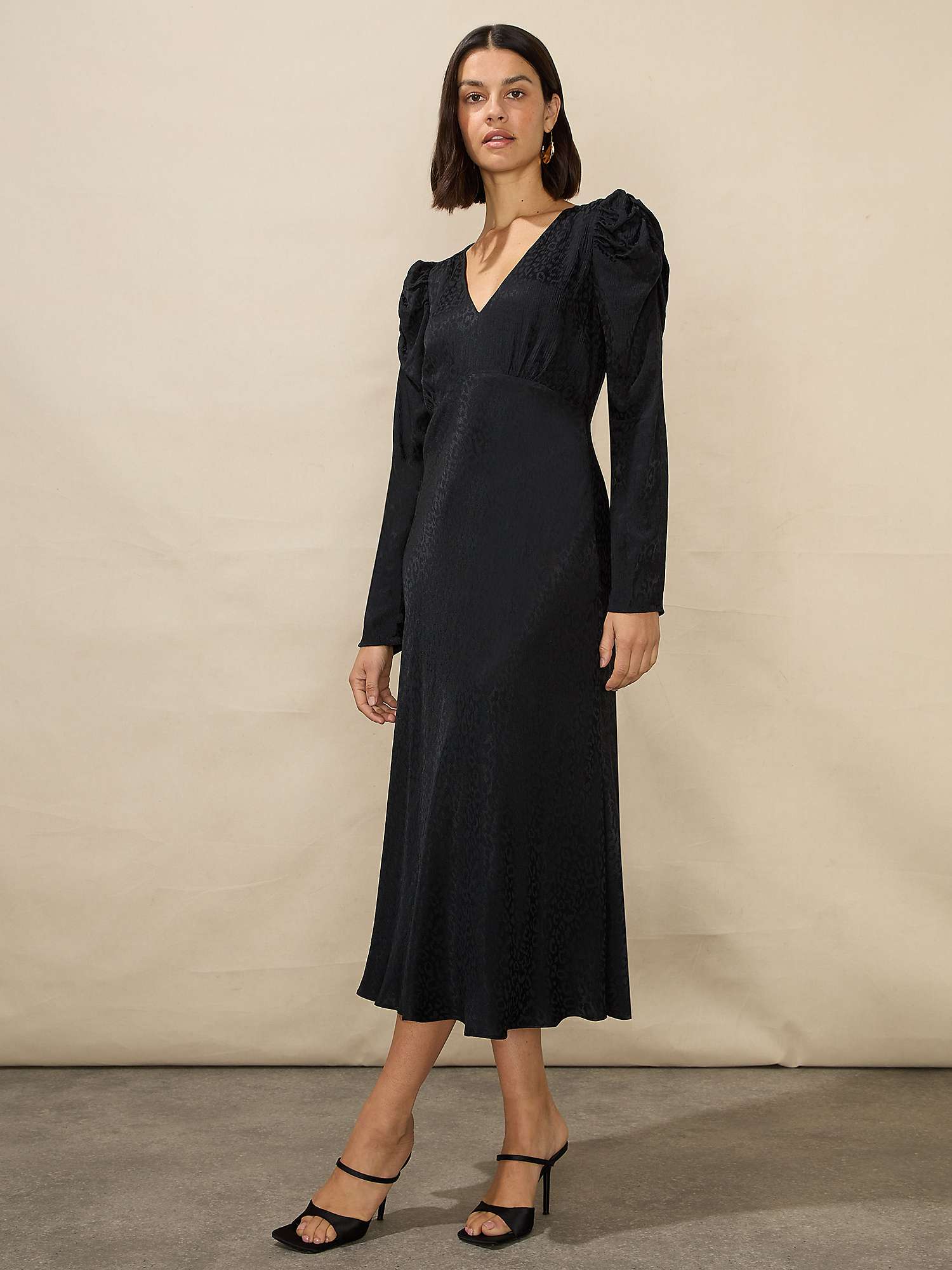 Buy Ro&Zo Petite Satin Jacquard Puff Sleeve Midi Dress, Black Online at johnlewis.com