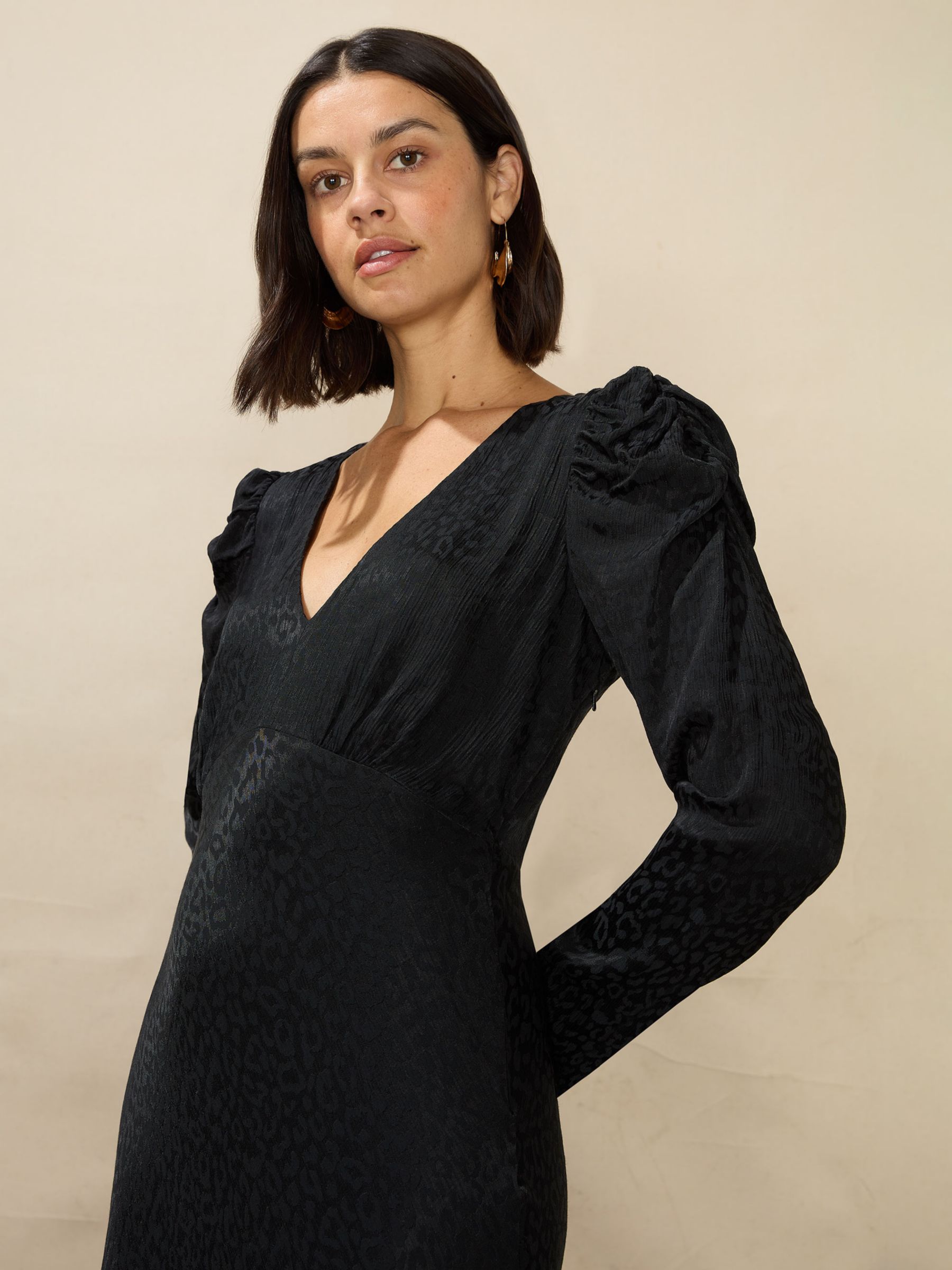 Ro&Zo Petite Satin Jacquard Puff Sleeve Midi Dress, Black, 8
