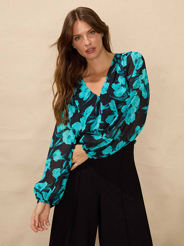Ro&Zo Floral Pintuck Cropped Blouse, Turquoise