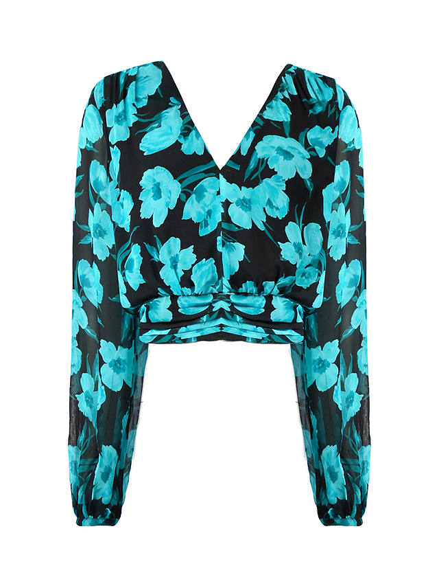 Ro&Zo Floral Pintuck Cropped Blouse, Turquoise
