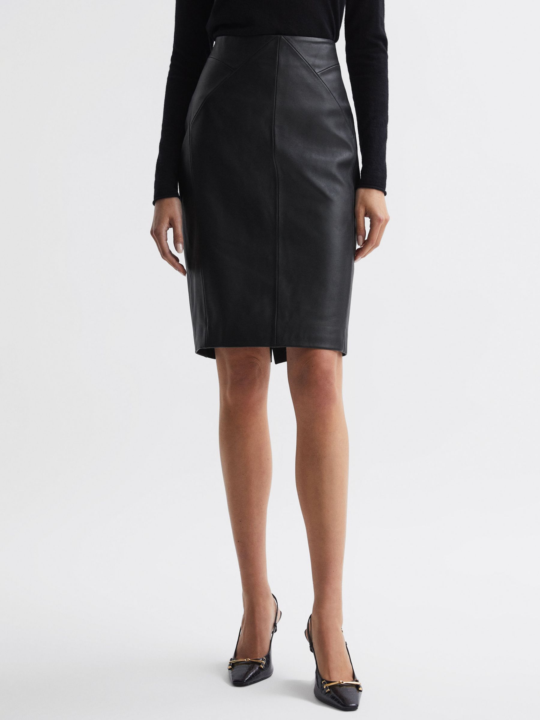 Reiss Raya Leather Pencil Skirt, Black at John Lewis & Partners